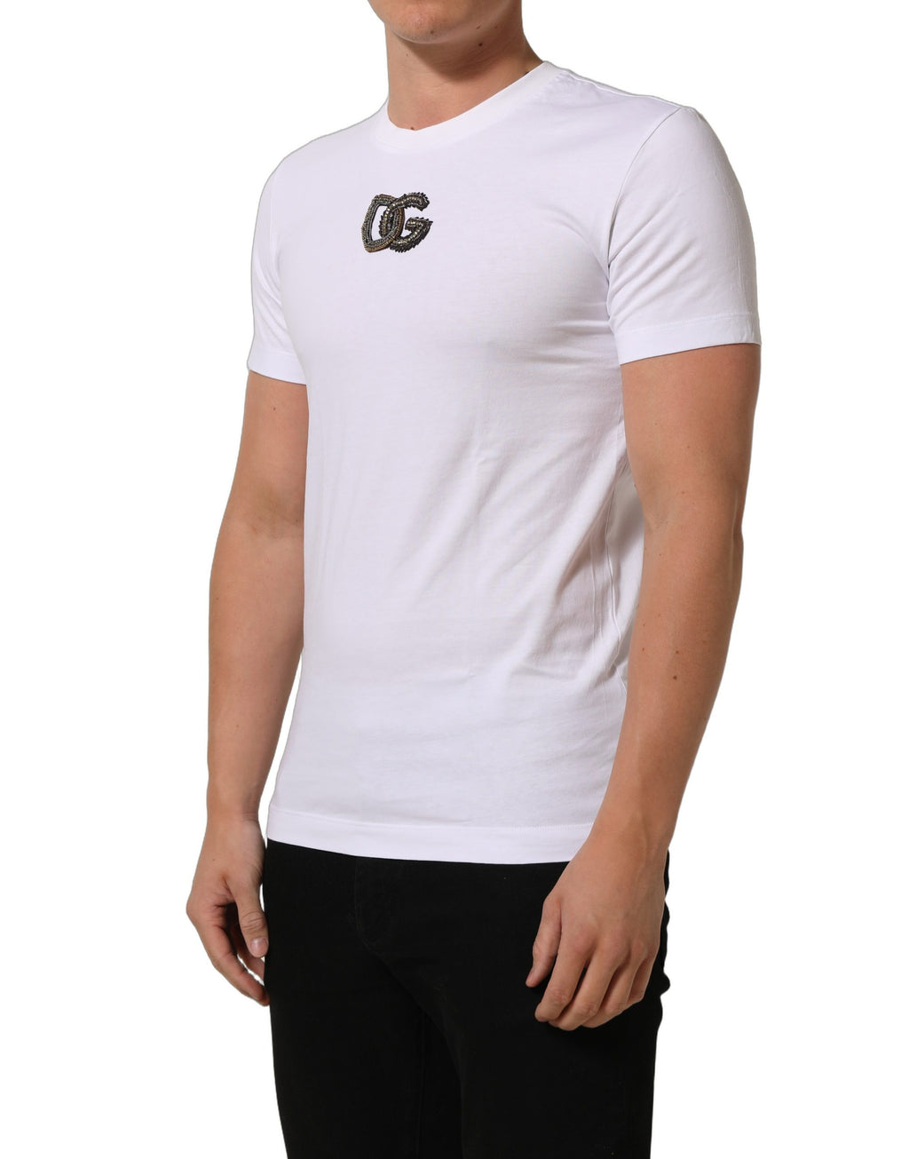 T-shirt blanc pour homme Dolce & Gabbana avec logo DG en coton à col rond, style décontracté et moderne.