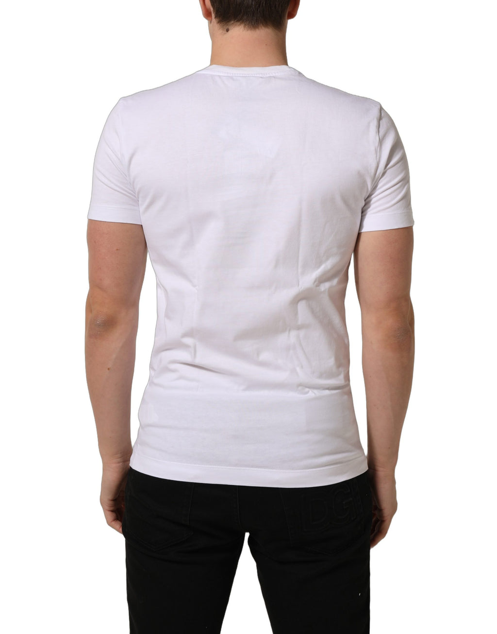 T-shirt homme blanc Dolce & Gabbana avec logo DG en coton à col rond, vue frontale.