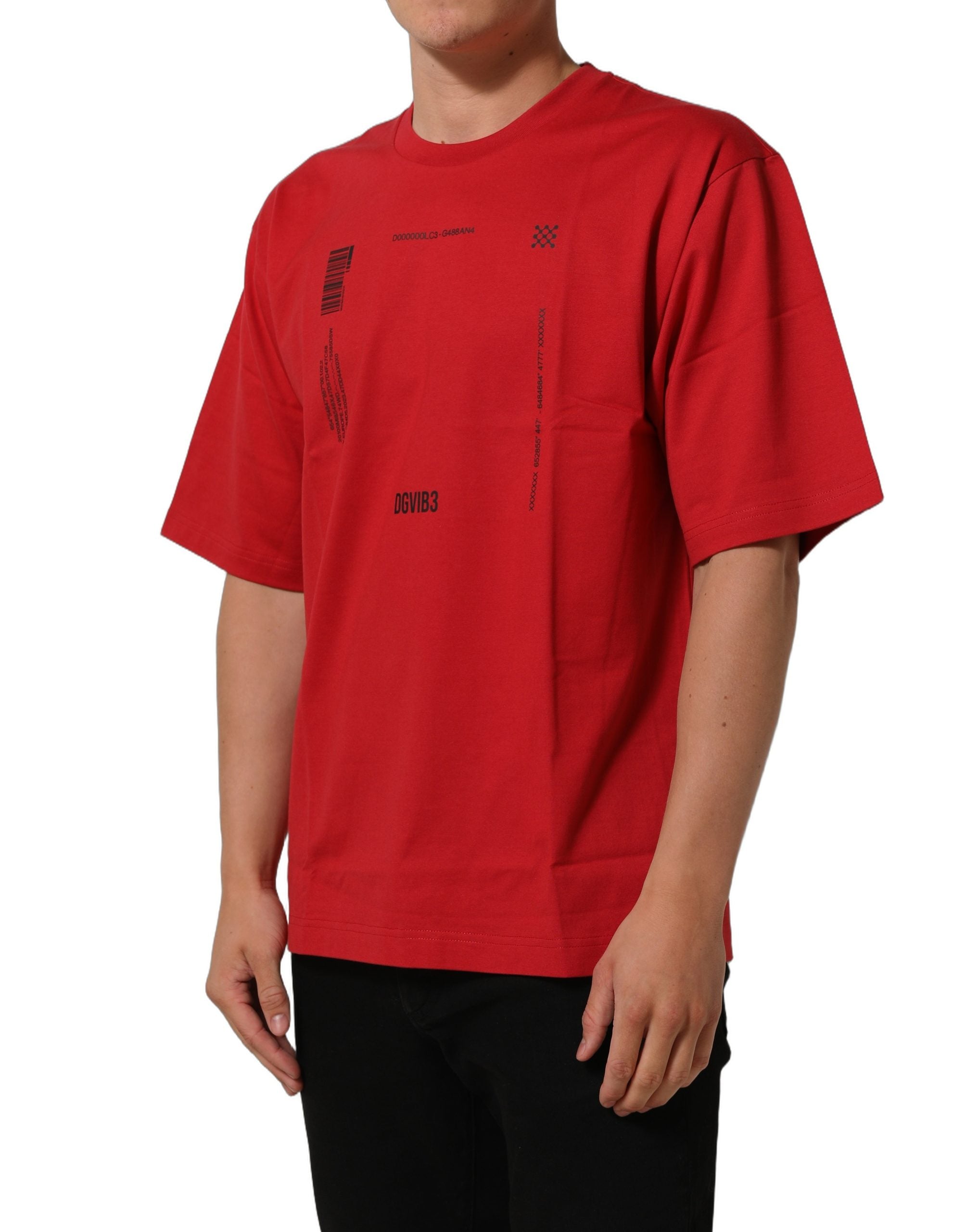 T-shirt en coton rouge Dolce & Gabbana avec un imprimé graphique et col rond, vue de face.