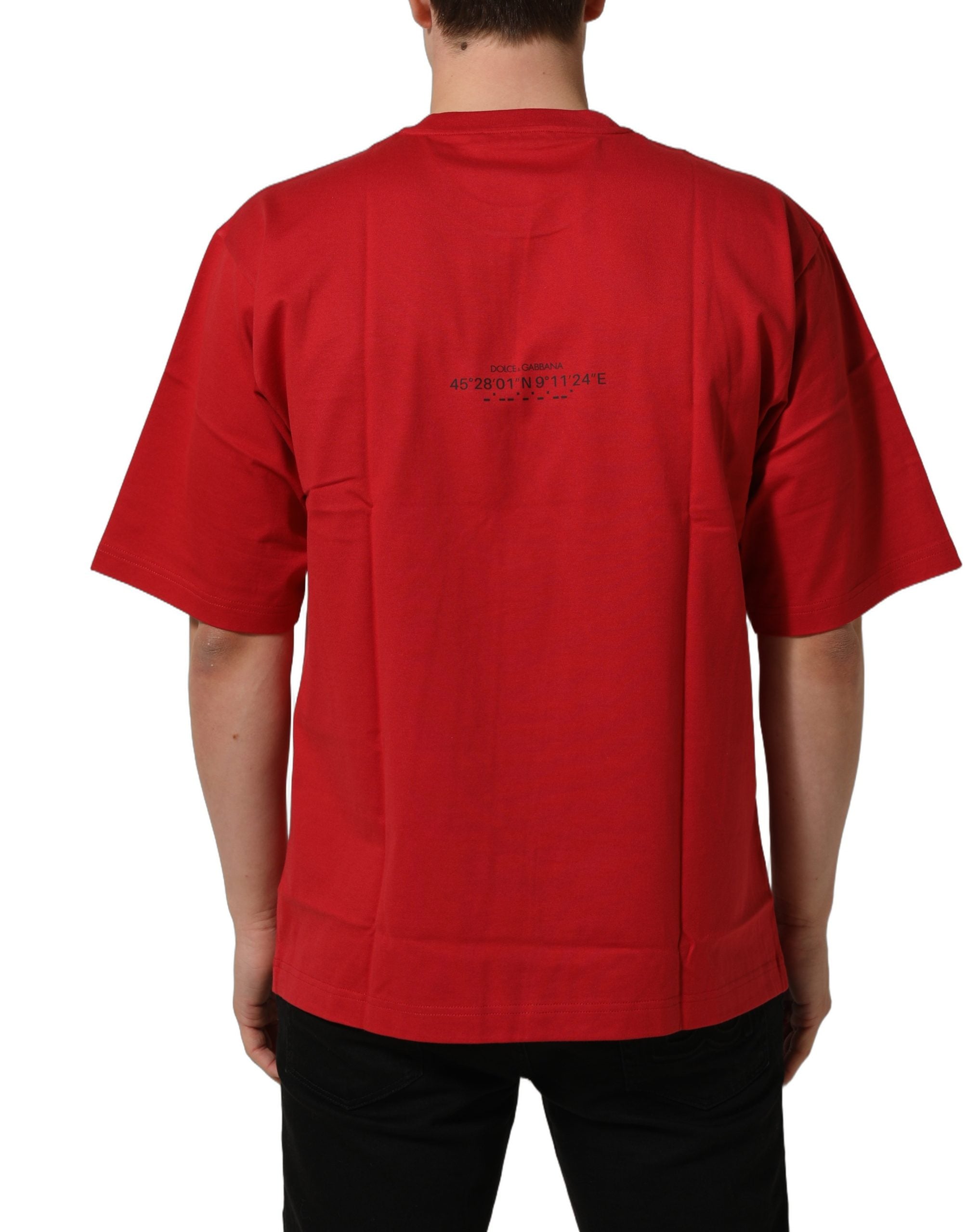 T-shirt rouge en coton Dolce & Gabbana avec imprimé graphique et col rond, vue de face.
