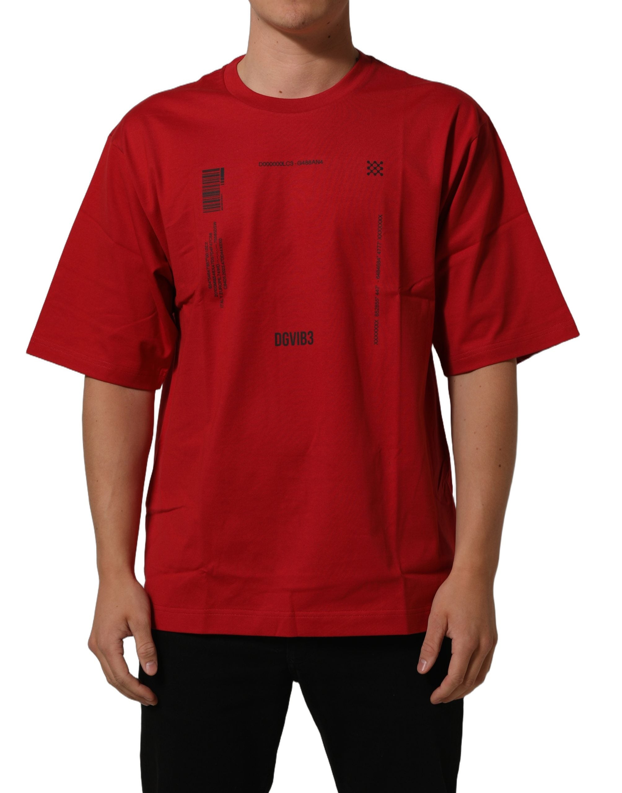 T-shirt à col rond en coton rouge Dolce & Gabbana avec imprimé graphique, style décontracté et moderne.