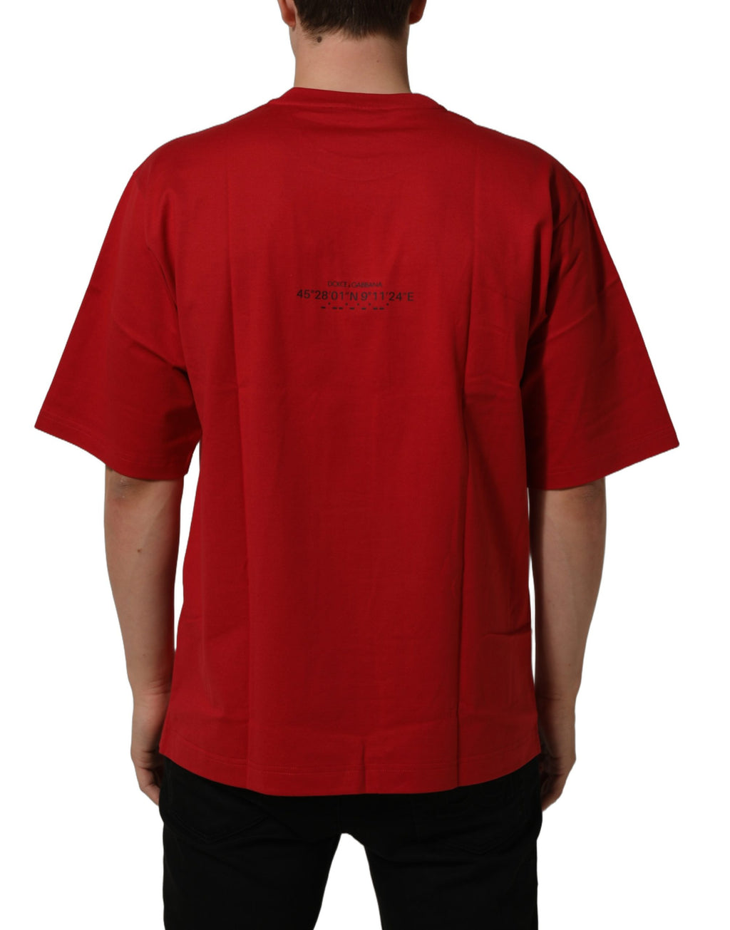 T-shirt en coton rouge avec imprimé graphique Dolce & Gabbana à col rond, style décontracté et moderne.