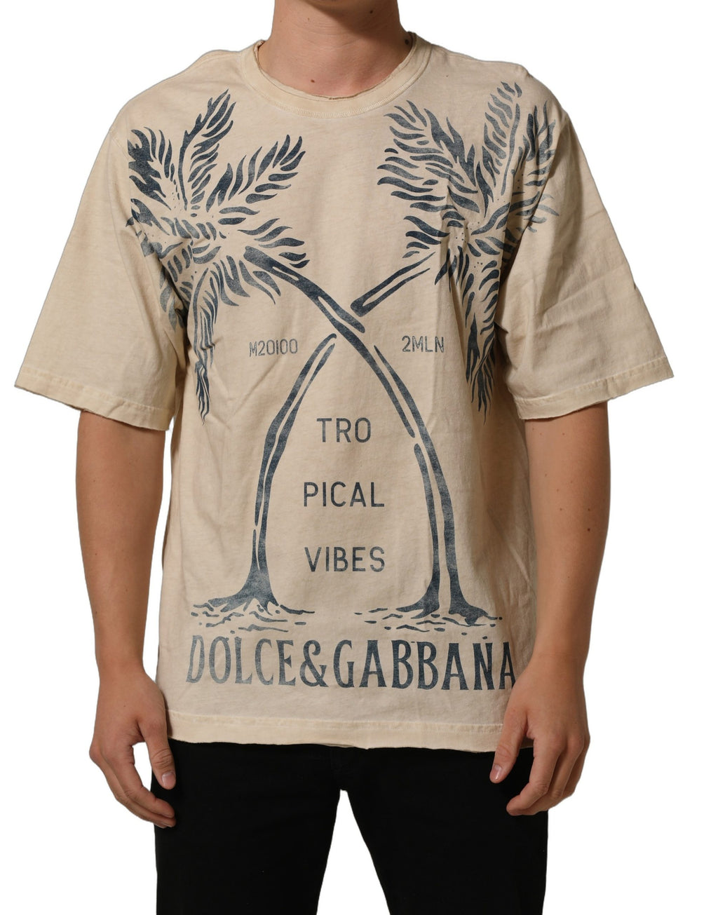 T-shirt beige en coton Dolce & Gabbana avec imprimé graphique à col rond, vue de face.