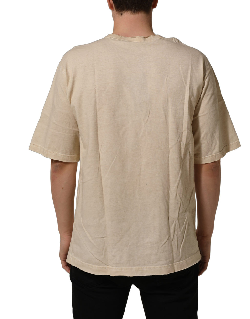 T-shirt en coton beige avec imprimé graphique de Dolce & Gabbana, col ras du cou, style décontracté et moderne.