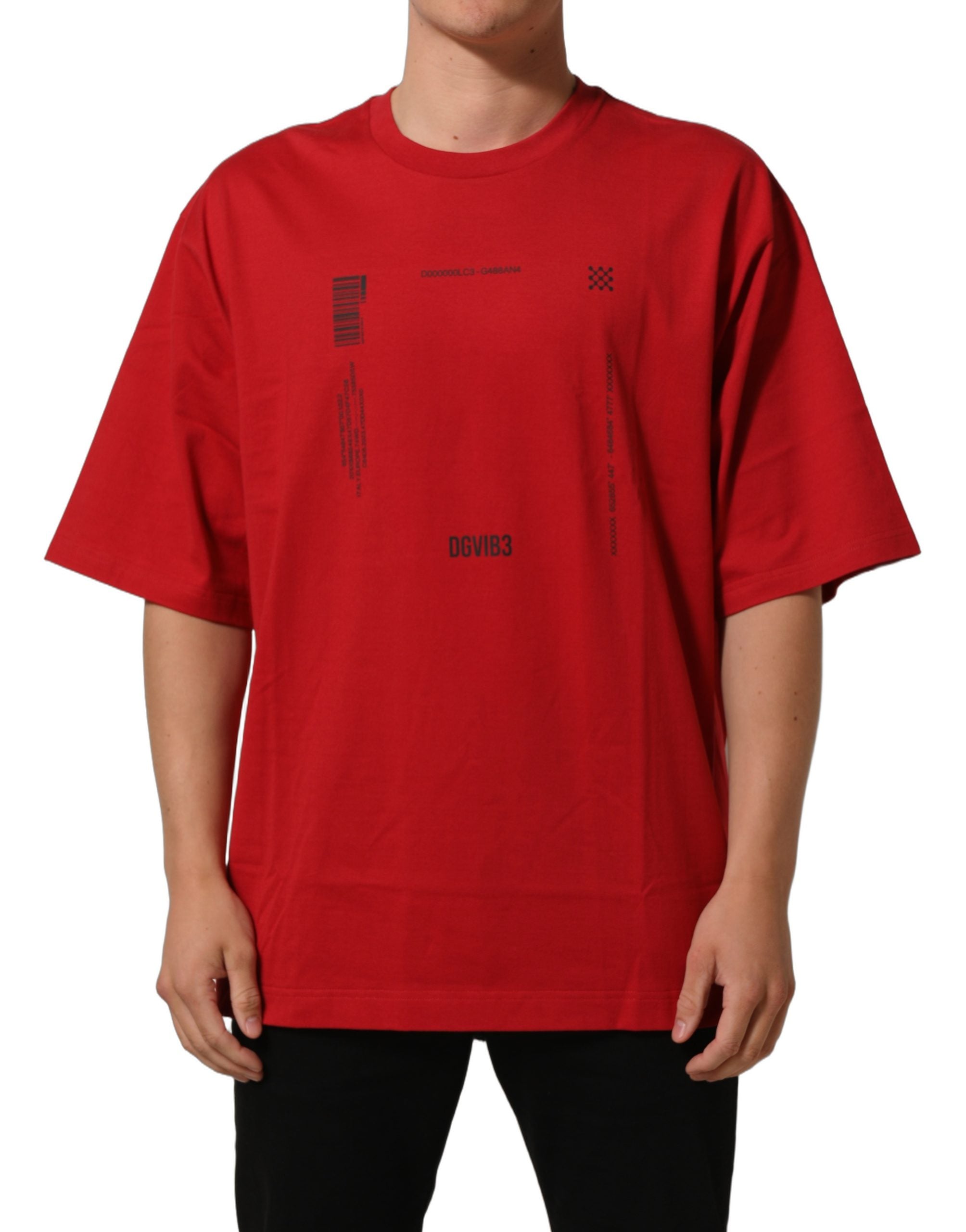 T-shirt rouge en coton Dolce & Gabbana avec impression graphique à col rond, visible en gros plan.