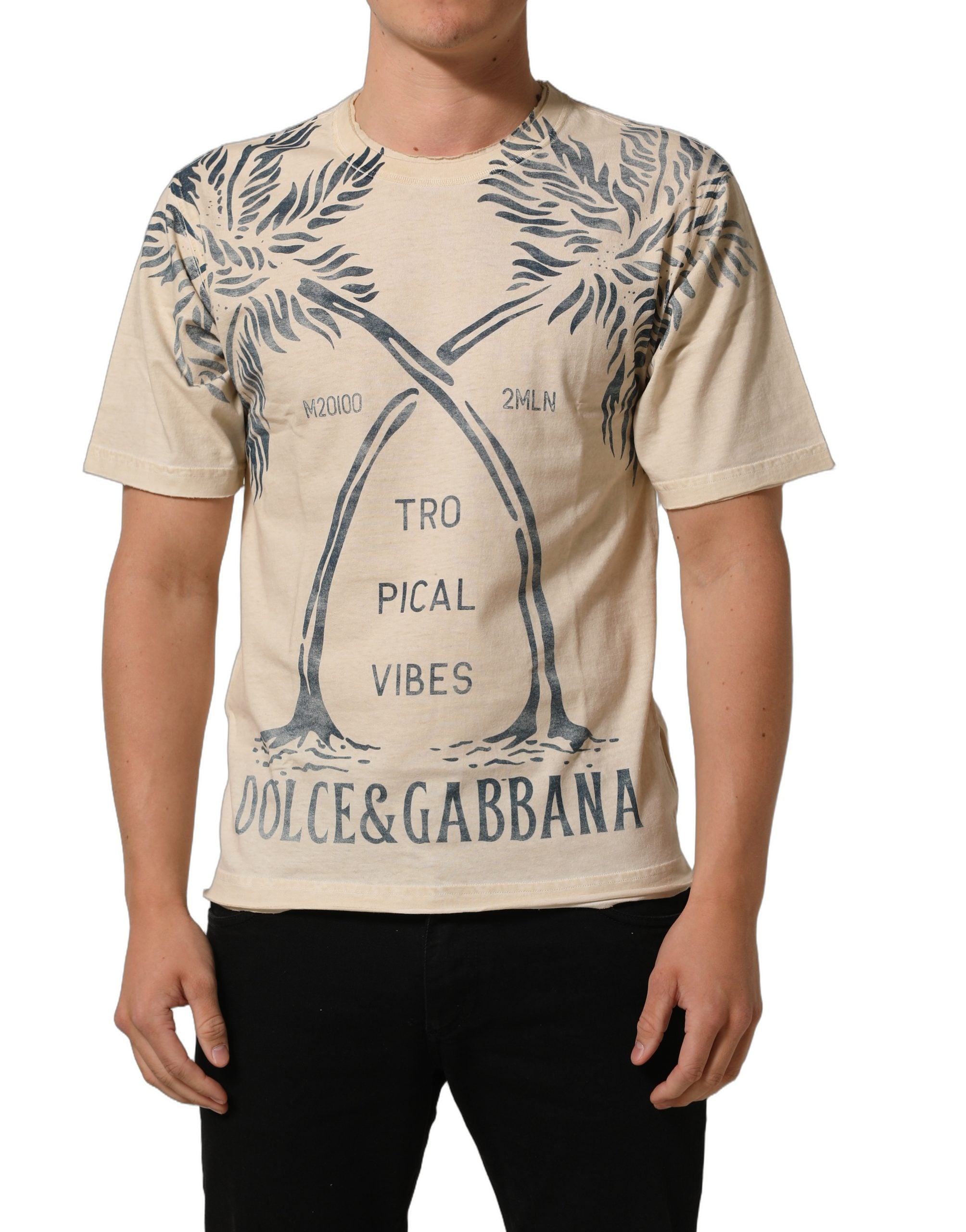 T-shirt beige en coton de Dolce & Gabbana avec imprimé graphique et col rond, vue de face.