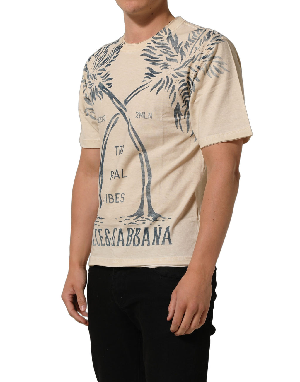 T-shirt en coton beige avec impression graphique de Dolce & Gabbana, col rond, style casual et moderne.