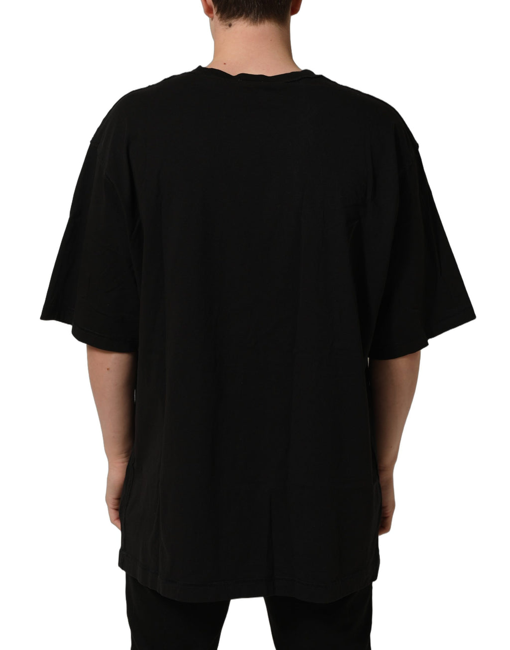 T-shirt noir Dolce & Gabbana en coton à manches courtes et col rond, vue de face, détail du tissu et du design.