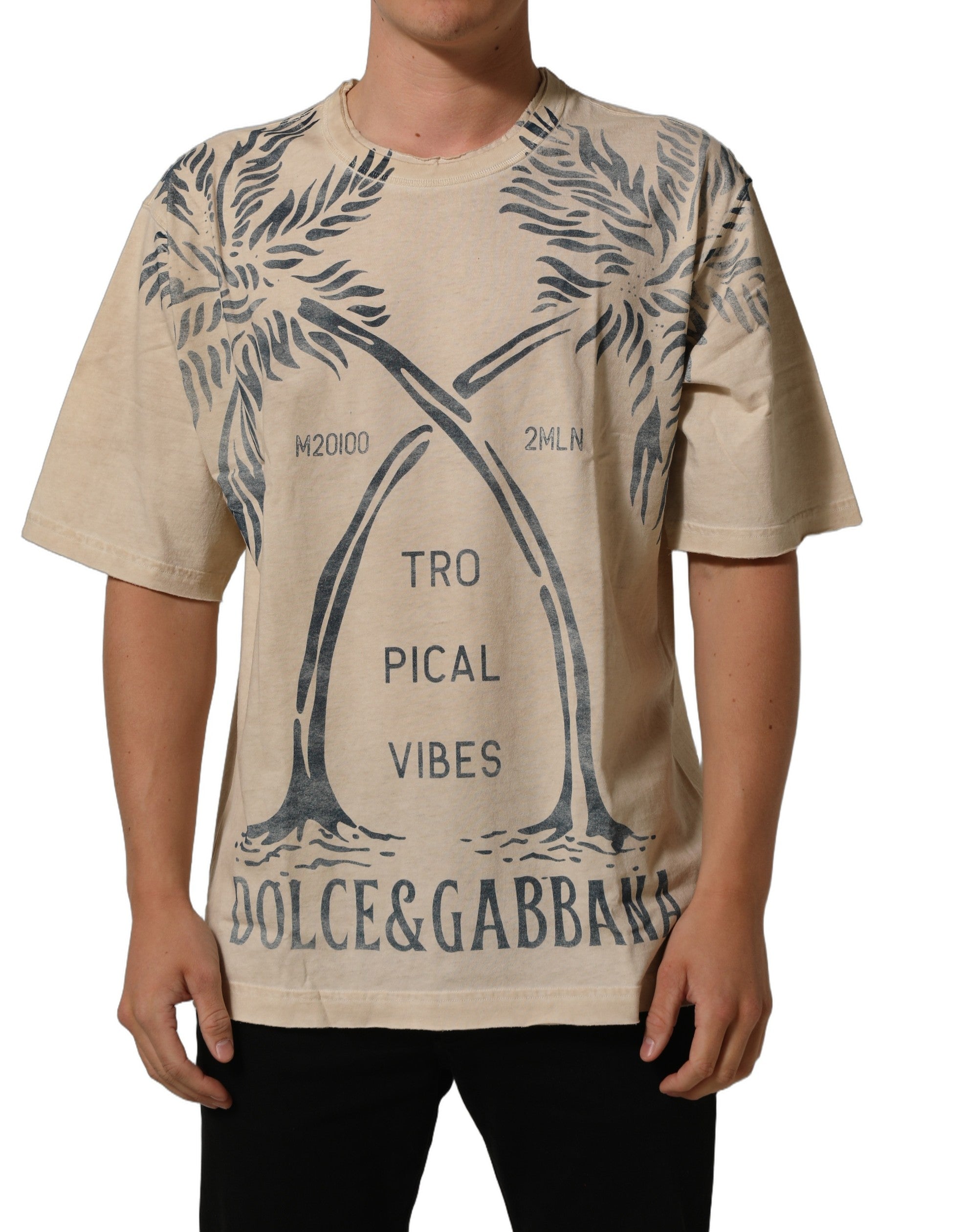 T-shirt beige en coton Dolce & Gabbana avec imprimé graphique à col rond, vue de face.