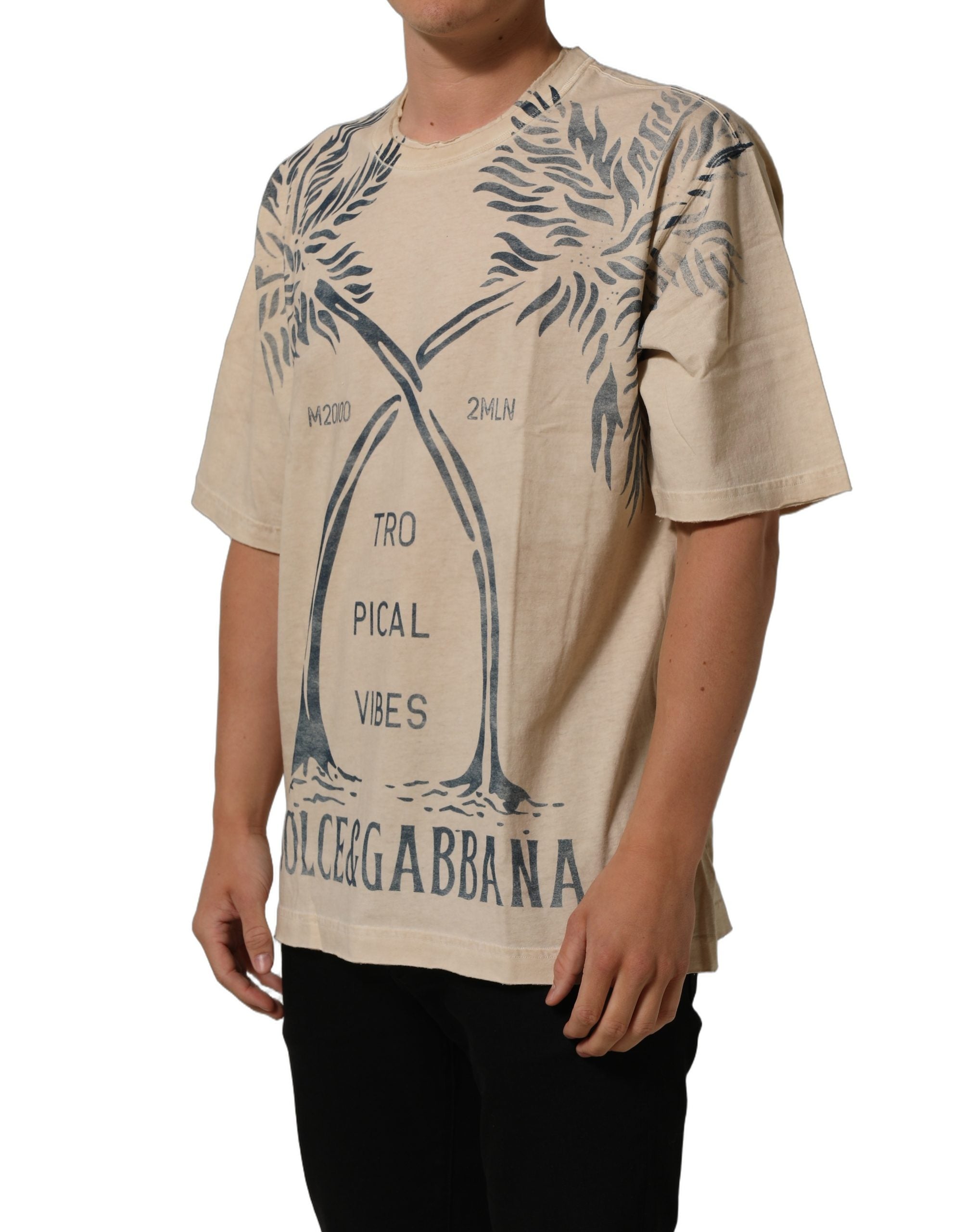 T-shirt beige en coton avec imprimé graphique à col rond Dolce & Gabbana, style casual et moderne.
