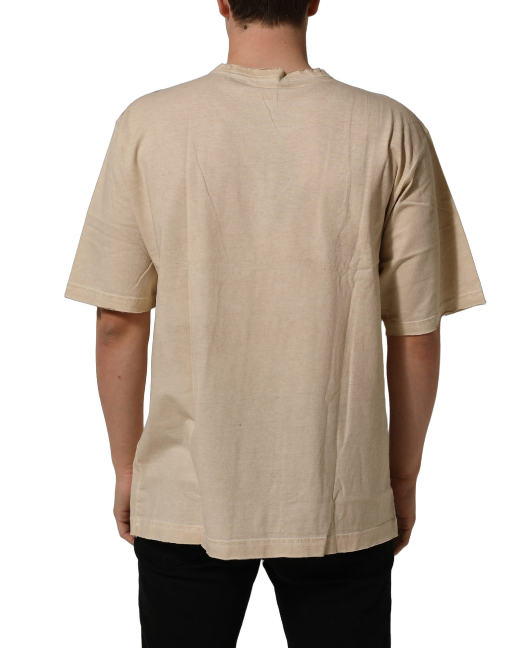 T-shirt beige en coton Dolce & Gabbana avec impression graphique à col rond, mode élégante et décontractée.