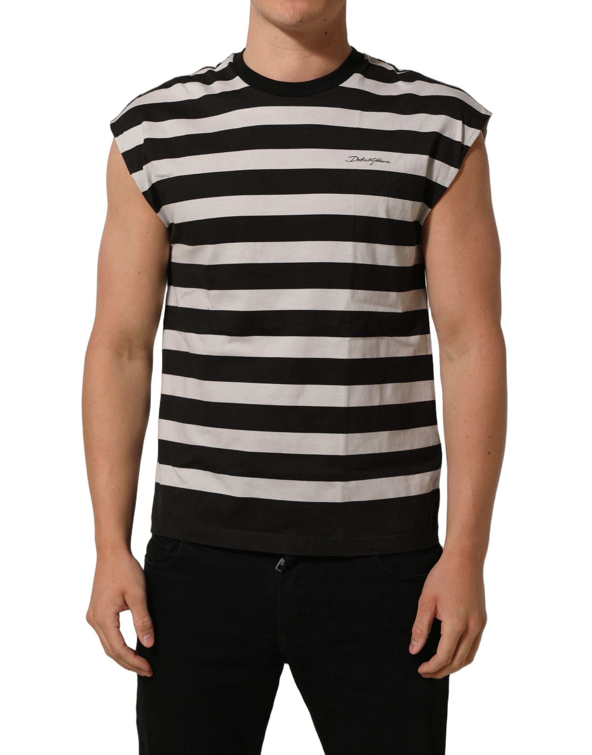 T-shirt sans manches en coton noir et blanc avec rayures, Dolce & Gabbana, vue de face.