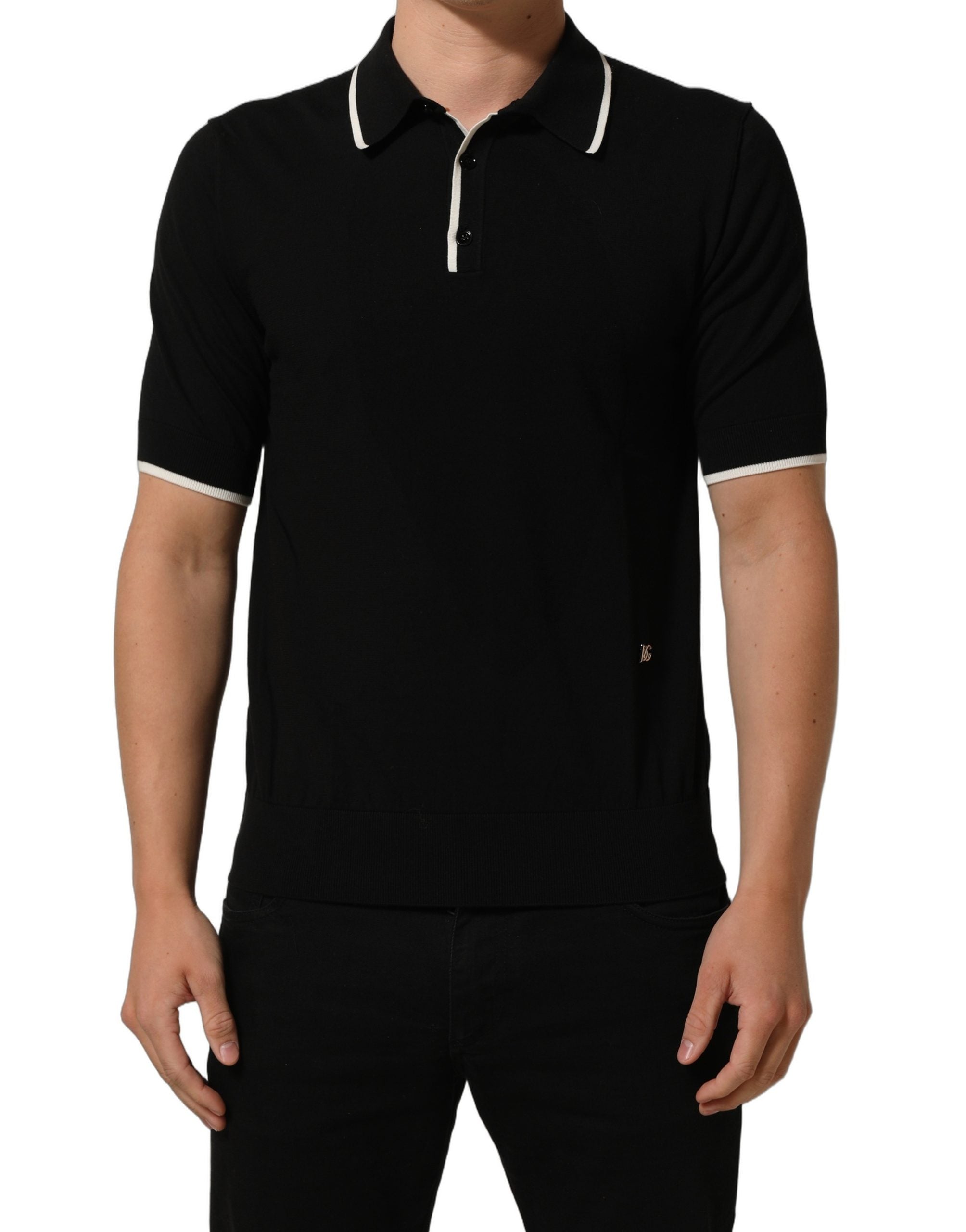 Polo à manches courtes noir en coton Dolce & Gabbana avec col, vue de face, détails du col et finition élégante.