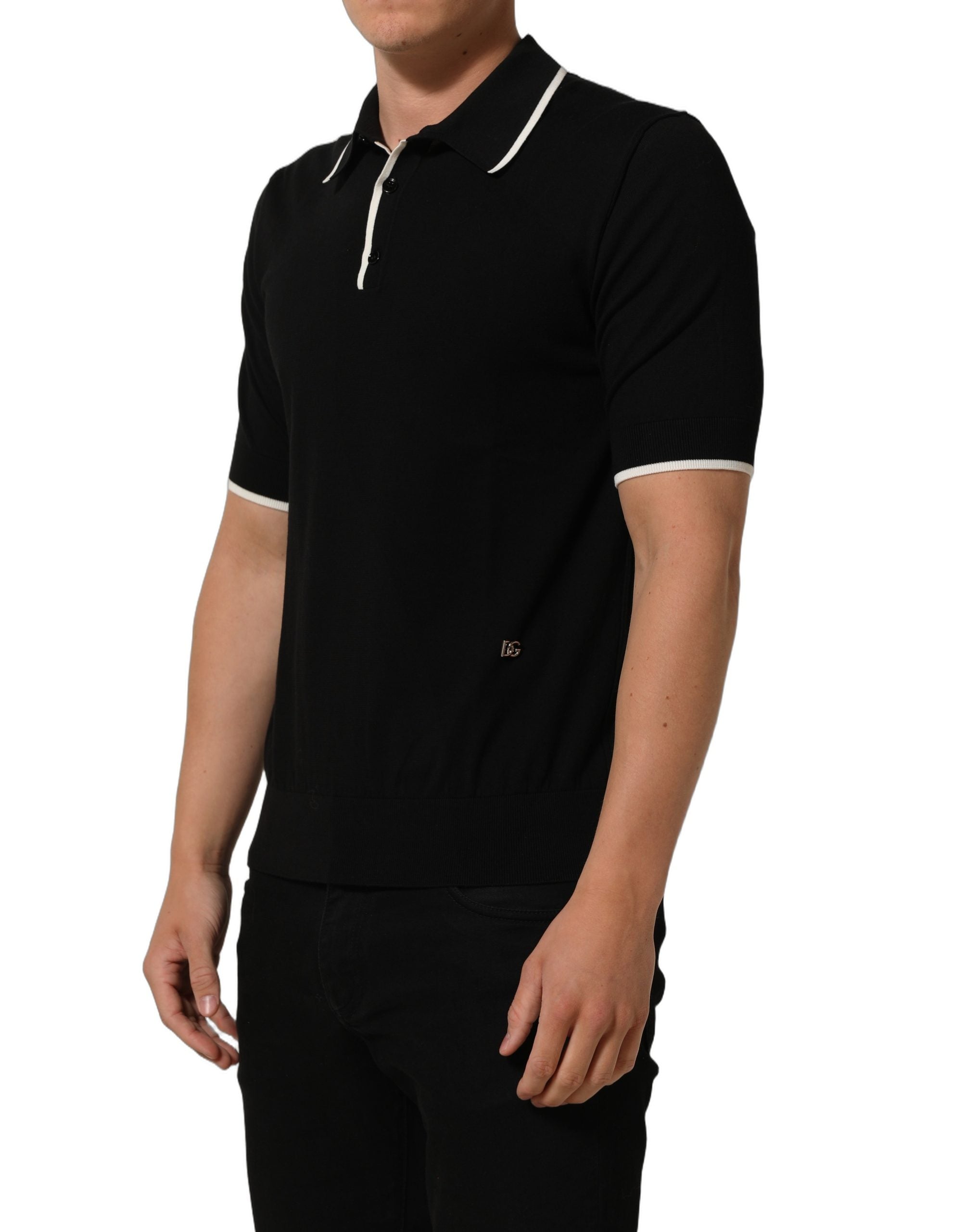Chemise polo Dolce & Gabbana en coton noir à col et manches courtes, vue de face.