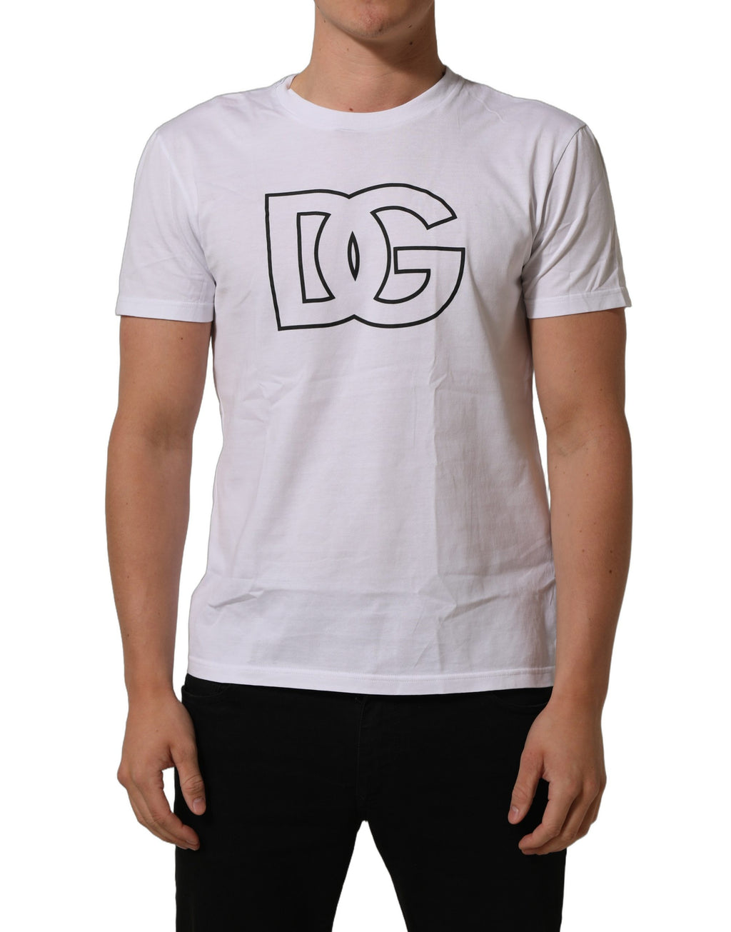 T-shirt homme blanc Dolce & Gabbana avec logo DG imprimé, manches courtes et design moderne.