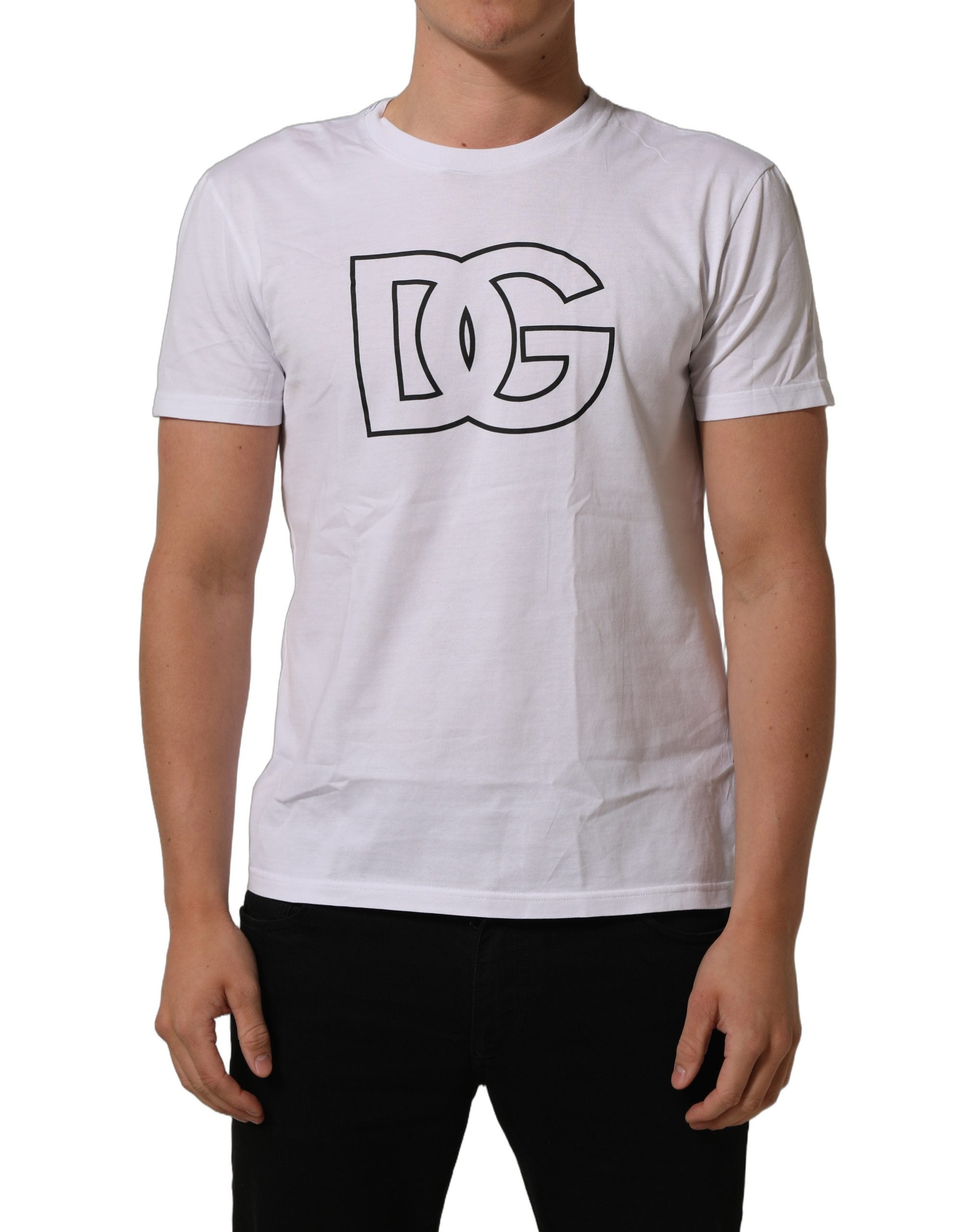 T-shirt homme blanc Dolce & Gabbana avec logo DG imprimé, manches courtes et design moderne.