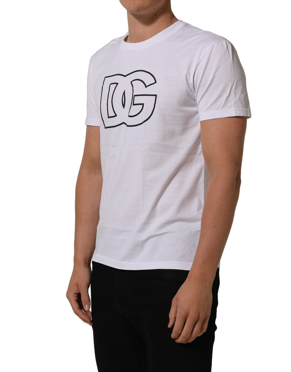 T-shirt homme blanc Dolce & Gabbana avec logo DG imprimé à manches courtes, style casual et élégant.