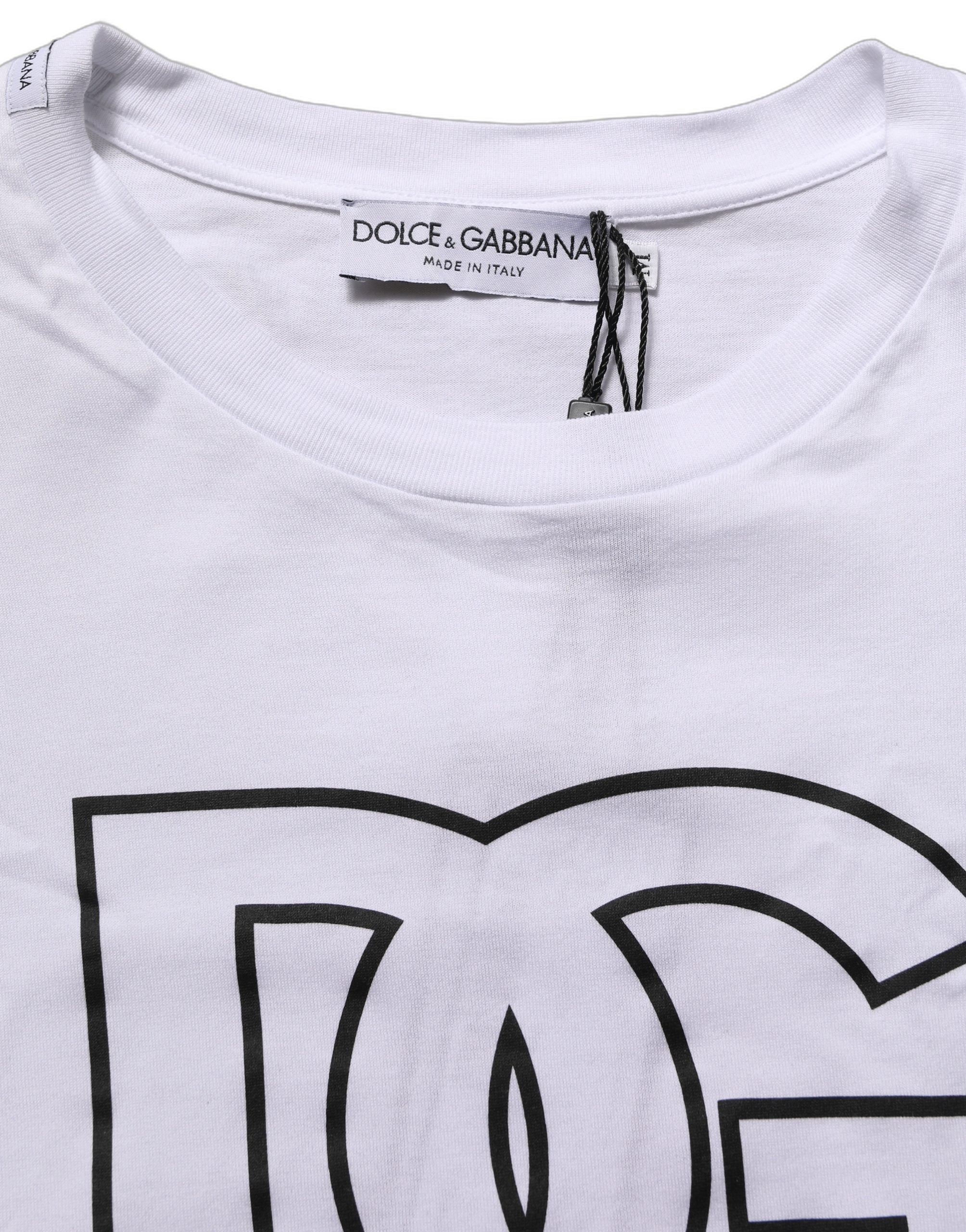 T-shirt blanc pour homme Dolce & Gabbana avec logo DG imprimé à manches courtes et design élégant.