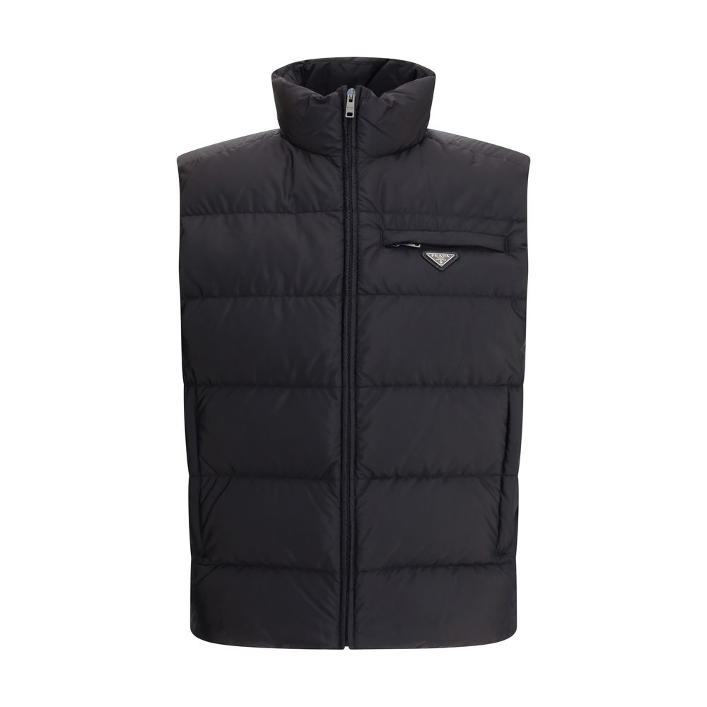 Veste sans manches Prada en polyamide recyclé noir, élégante et moderne, avec fermeture éclair et col montant.