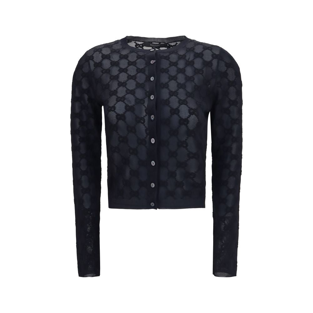 Cardigan en viscose noir de Gucci, pull tendance avec boutons et col classique, porté sur un mannequin.