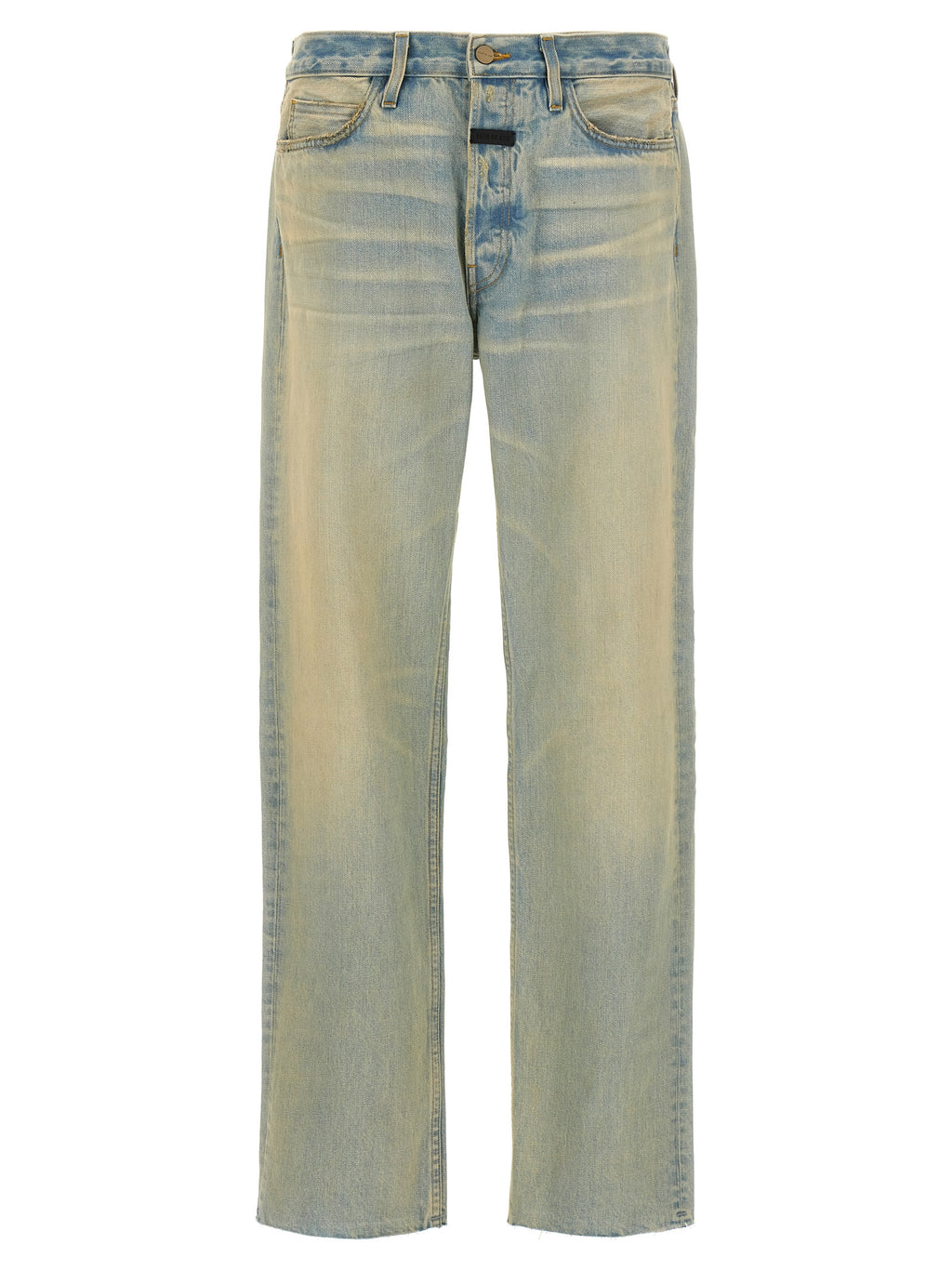 Jeans droits en coton bleu Fear Of God, style casual avec coupe droite, détails modernes, visible sur le produit.