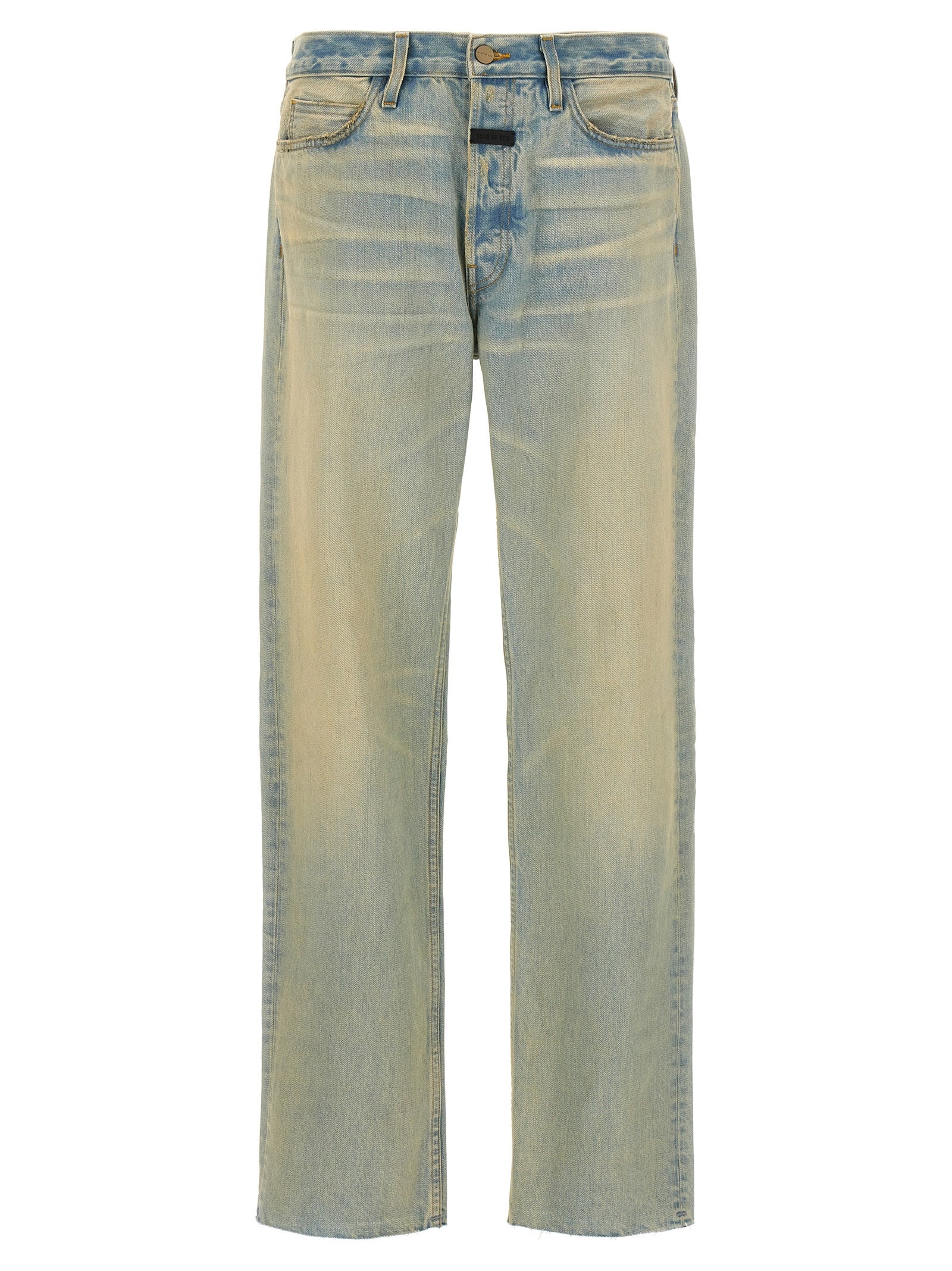 Jeans droits en coton bleu Fear Of God, style casual avec coupe droite, détails modernes, visible sur le produit.