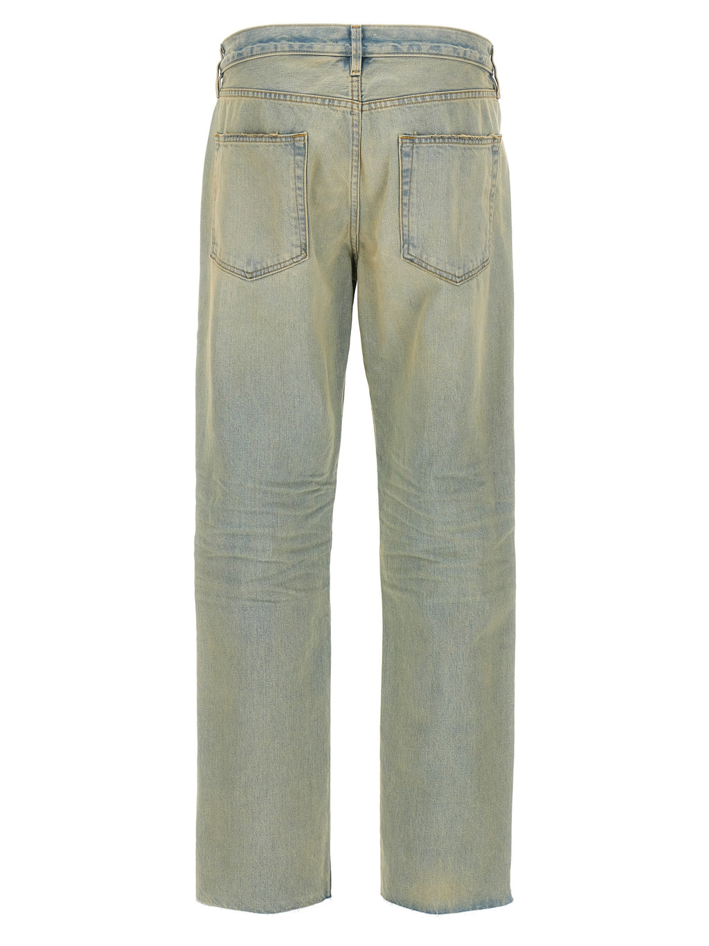 Jeans en coton bleu à coupe droite de Fear Of God, style décontracté et moderne, visibles avec détail de la coupe et de la texture.