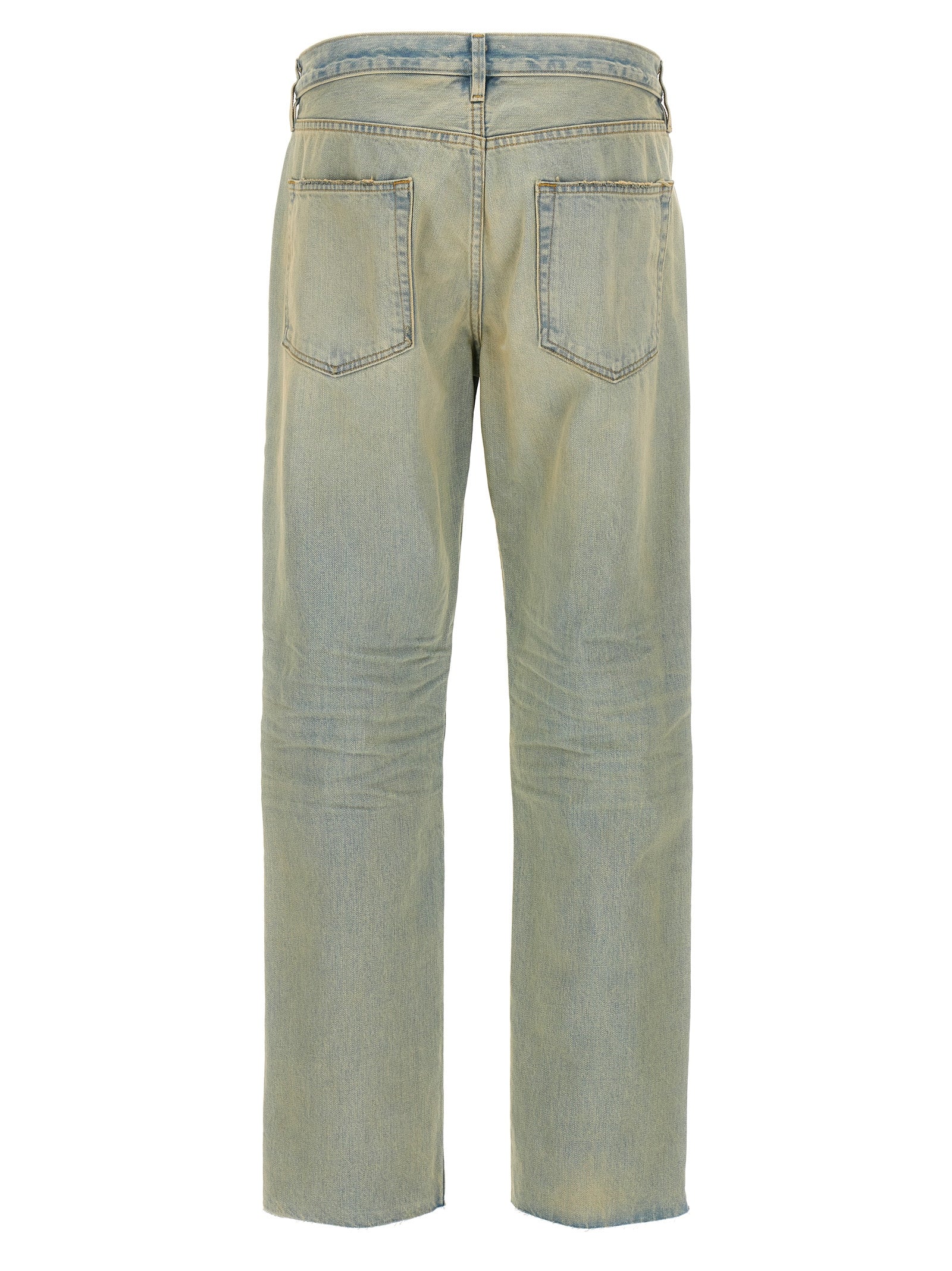 Jeans en coton bleu à coupe droite de Fear Of God, style décontracté et moderne, visibles avec détail de la coupe et de la texture.