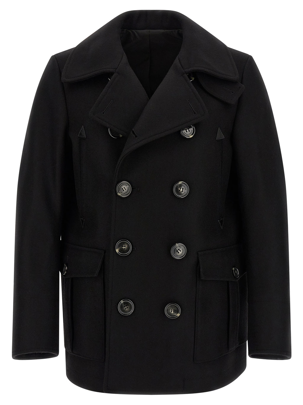 Manteau en laine noire de la marque Dsquared², coupe élégante et classique, porté avec un col large et des détails sophistiqués.