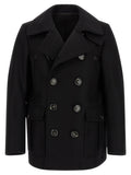 Manteau en laine noire de la marque Dsquared², coupe élégante et classique, porté avec un col large et des détails sophistiqués.