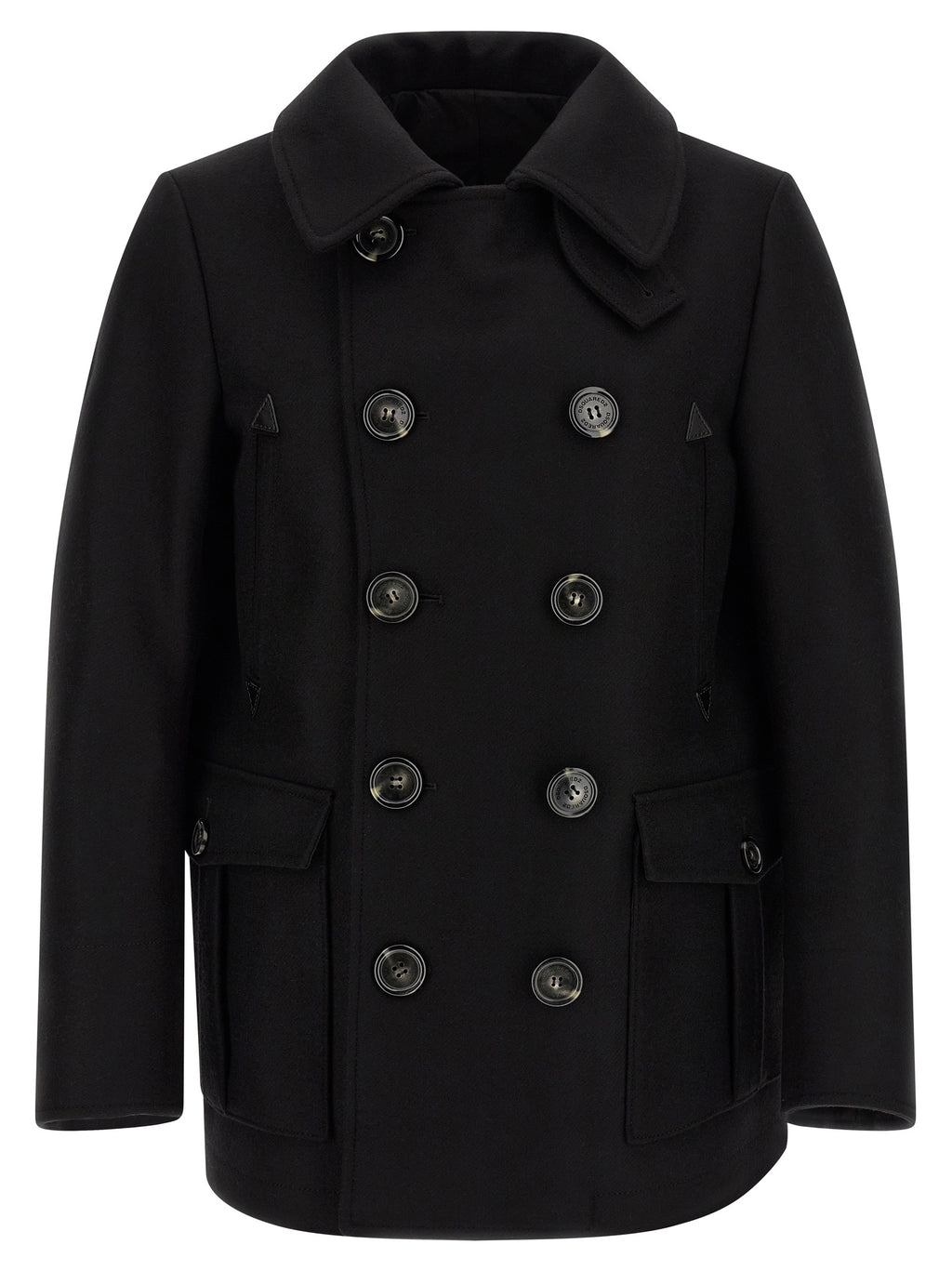 Manteau en laine noire Dsquared², style élégant avec col large et coupe droite, porté par un mannequin.