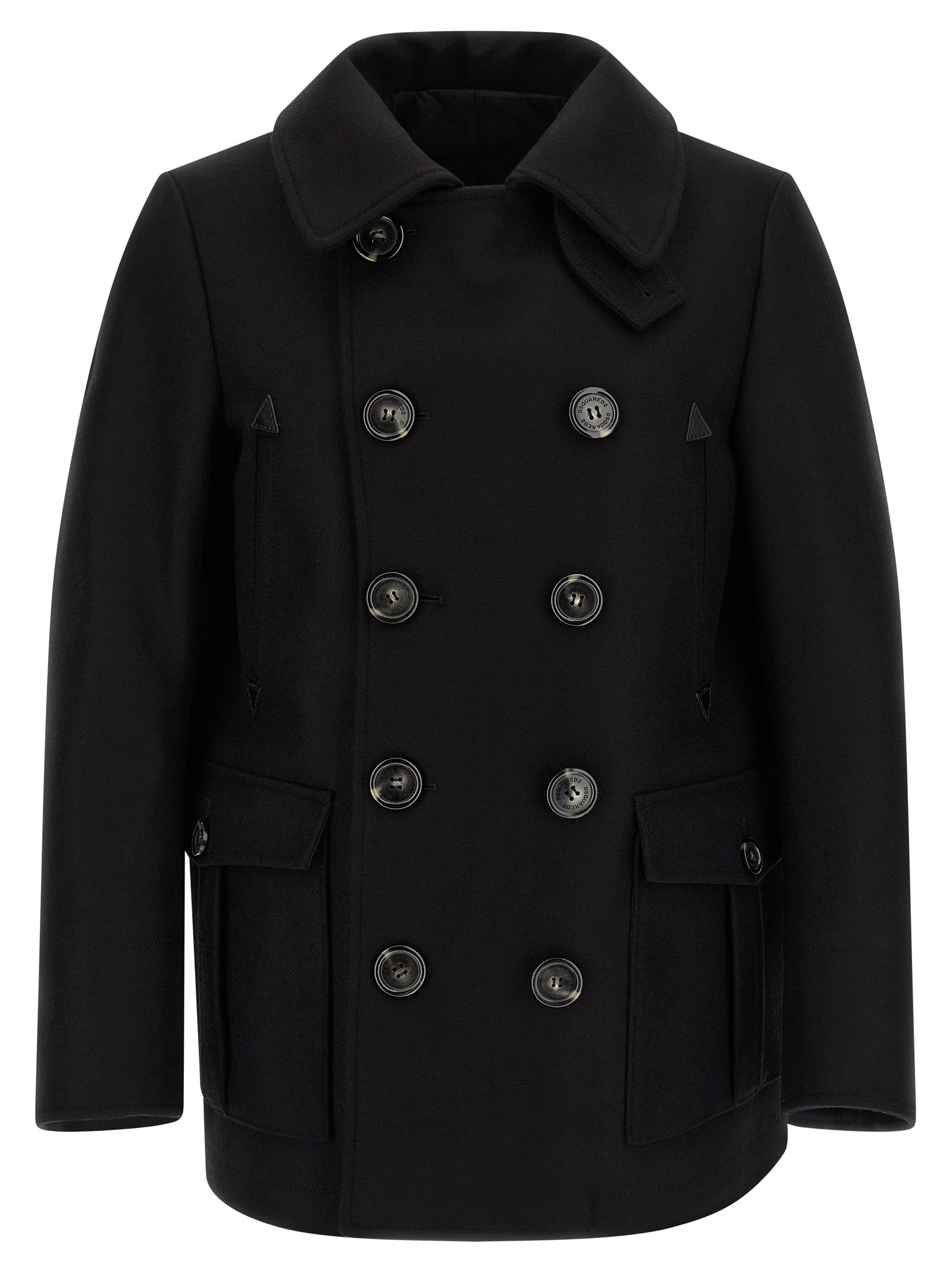 Manteau en laine noire Dsquared², style élégant avec col large et coupe droite, porté par un mannequin.