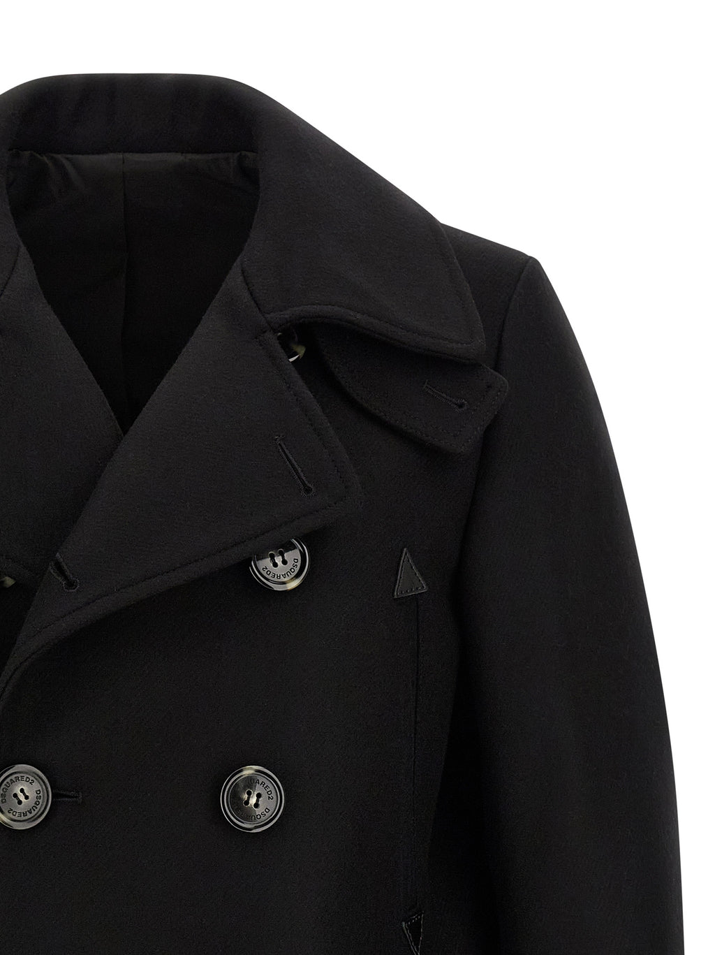 Manteau en laine noir de Dsquared², coupe élégante, porté sur un mannequin, détails de texture visible.