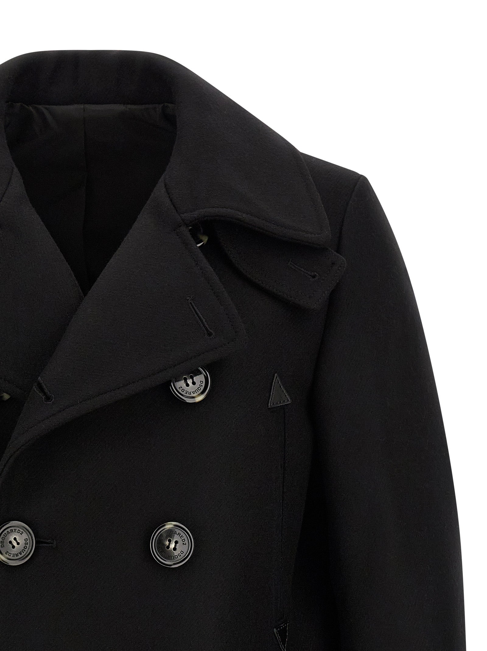 Manteau en laine noir de Dsquared², coupe élégante, porté sur un mannequin, détails de texture visible.