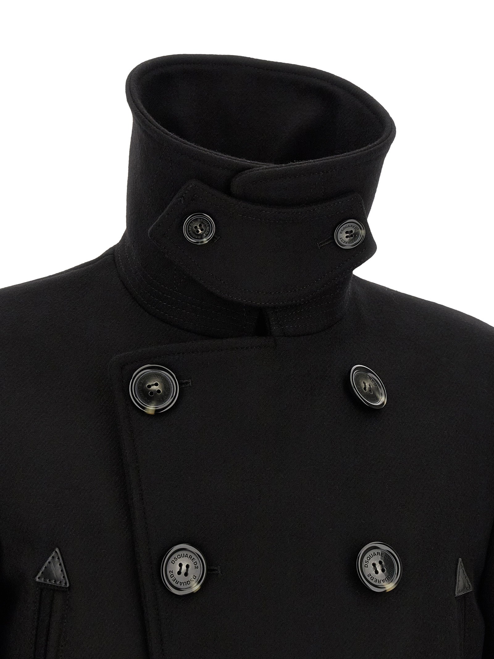 Manteau en laine noire Dsquared² pour homme, coupe classique et élégant, visible sur un fond neutre.