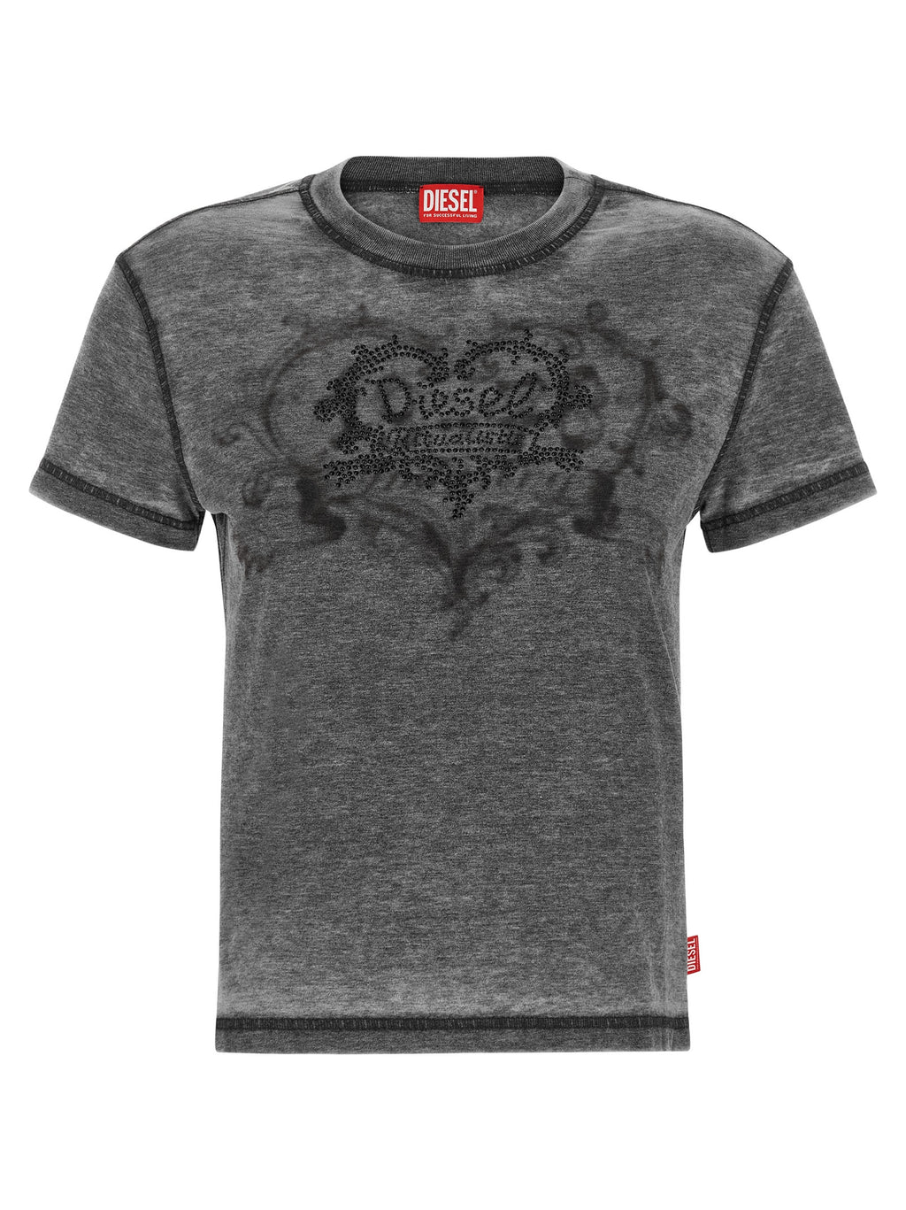 T-shirt gris en polyester de la marque Diesel, coupe classique, porté sur mannequin, vue de face.