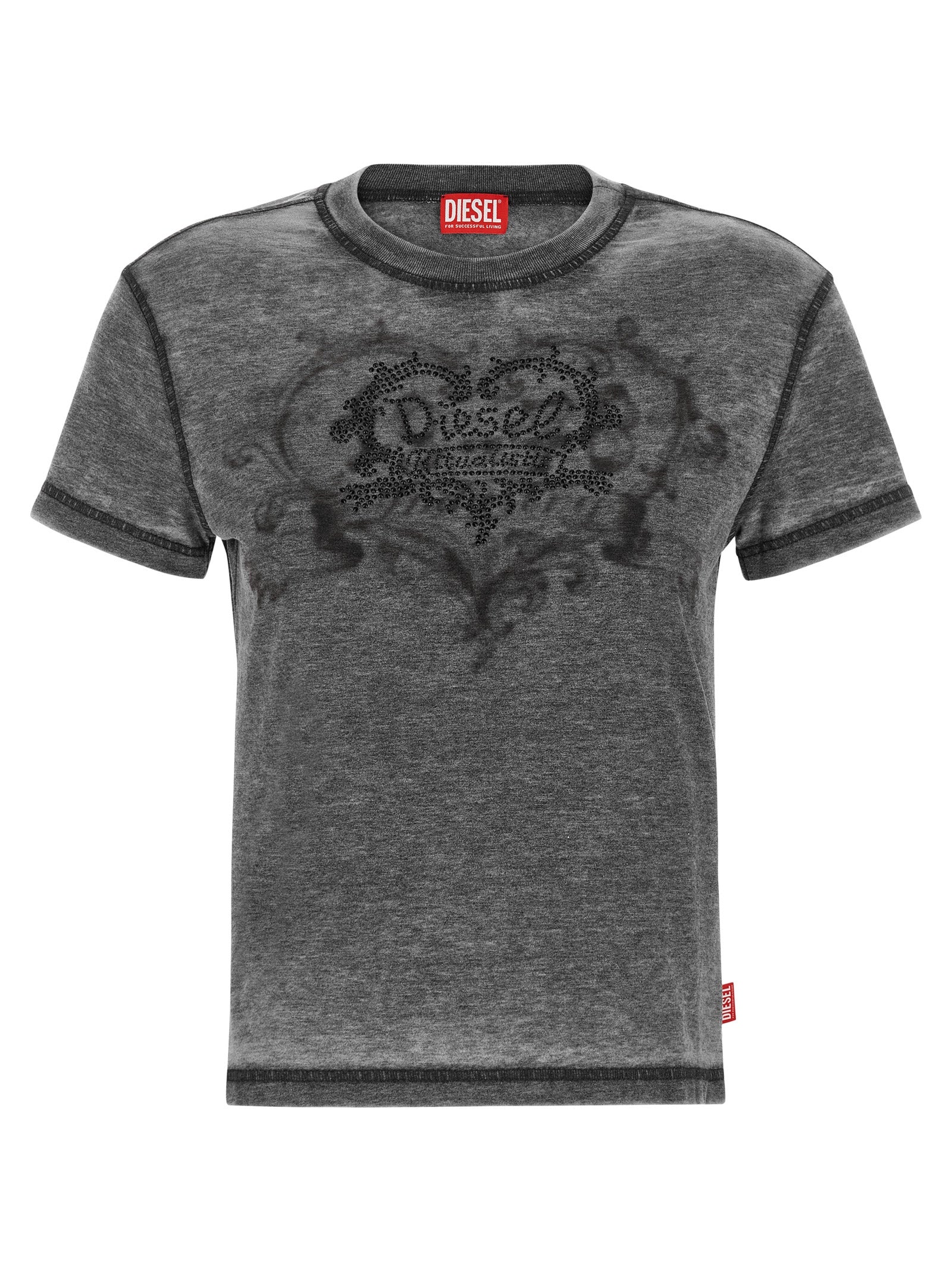 T-shirt gris en polyester de la marque Diesel, coupe classique, porté sur mannequin, vue de face.