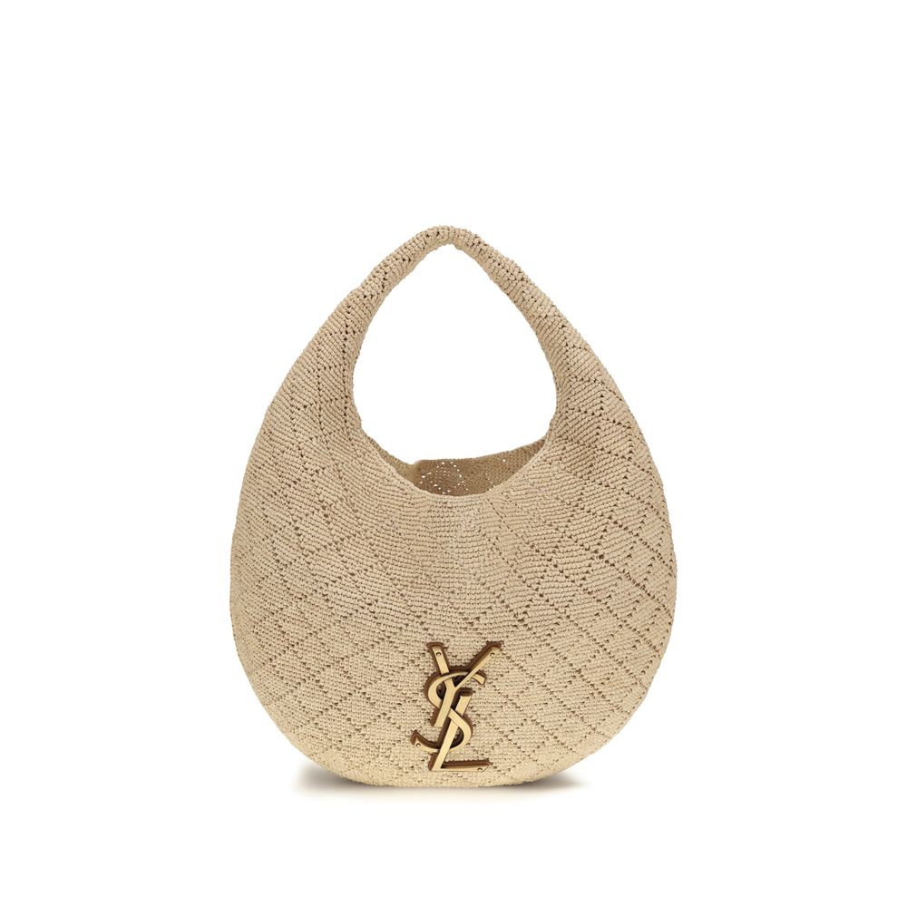 Sac à bandoulière beige en raffia de Saint Laurent, avec détails en cuir et fermeture élégante.