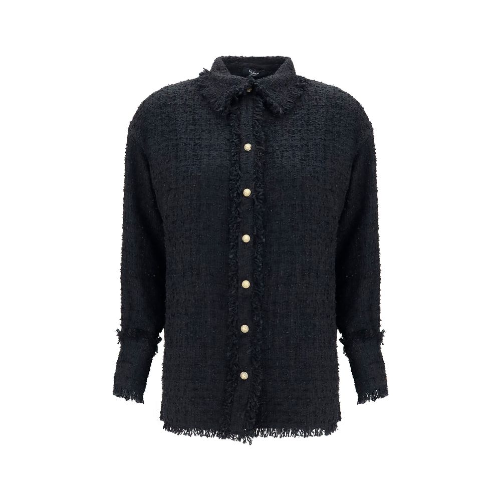 Chemise noire en polyamide Balmain avec motif géométrique, manches longues et coupe élégante, vue de face.
