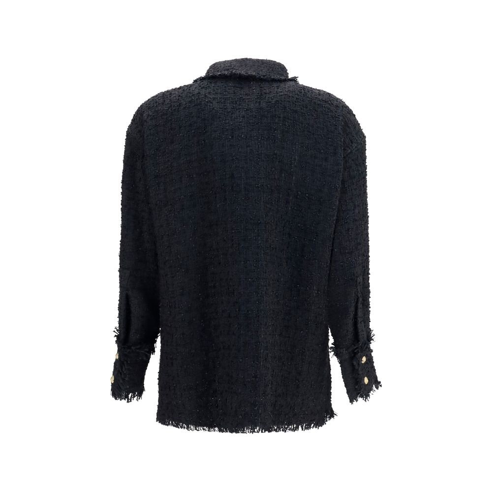 Chemise Balmain en polyamide noir avec motif géométrique, coupe élégante et détails modernes.