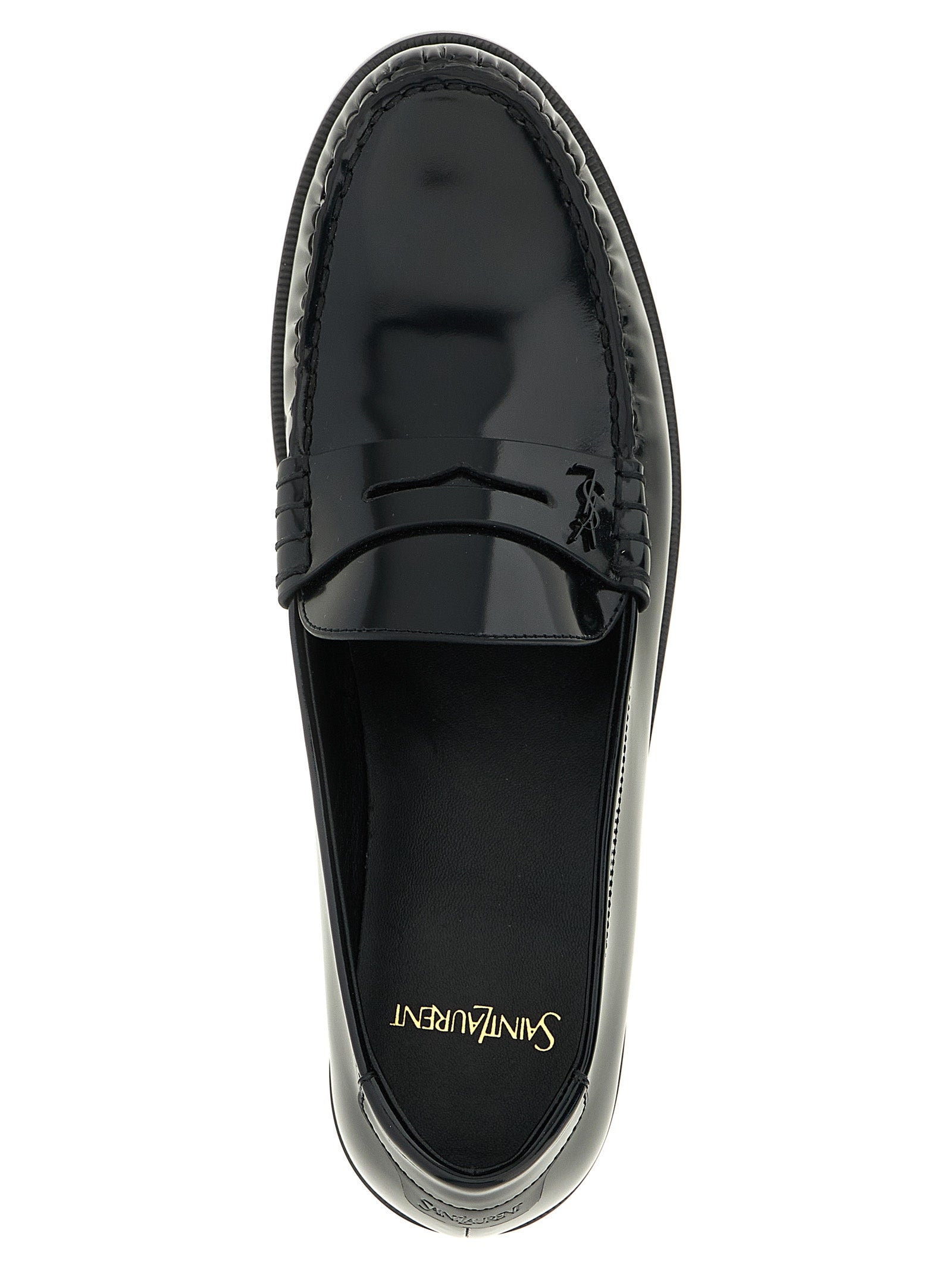 Chaussures mocassins Saint Laurent en cuir de veau noir, slips-on élégants pour homme, vue de face sur fond blanc