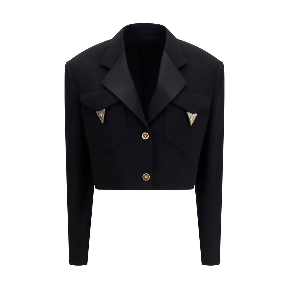 Blazer noir en laine Versace Oves Aries, coupe élégante avec détails sophistiqués, porté sur un mannequin.