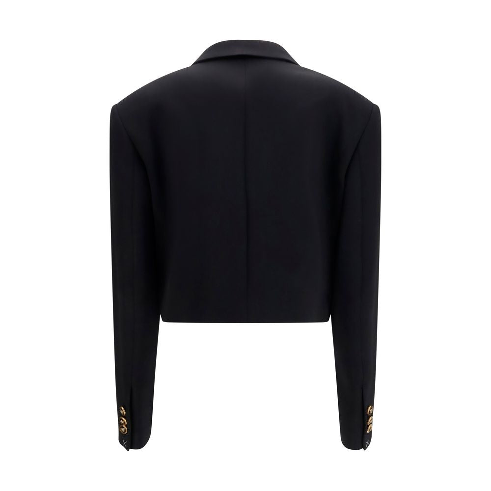 Veste blazer noire en laine Versace Oves Aries, élégante et sophistiquée, avec détails raffinés et coupe ajustée.