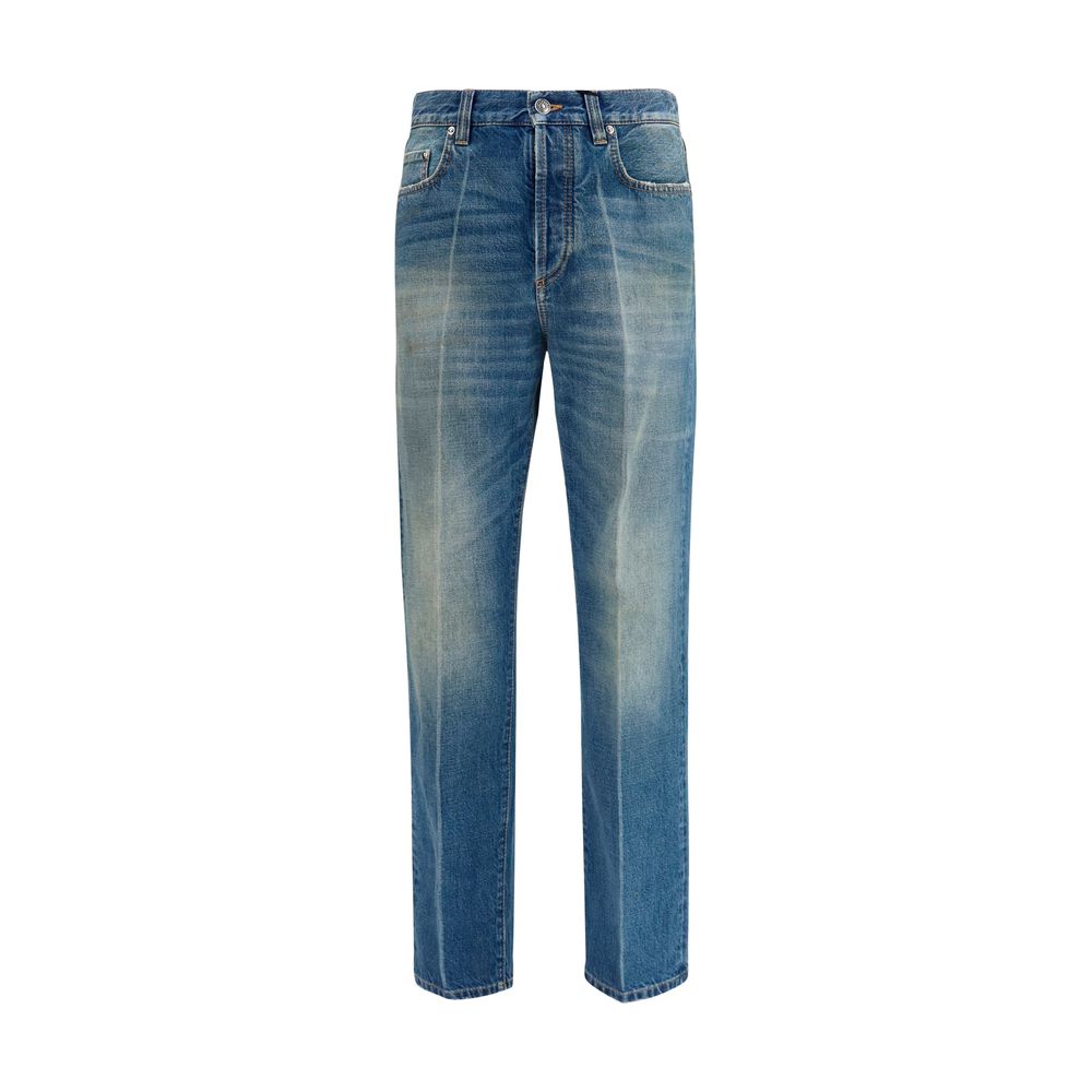 Jeans droits en coton bleu Versace, style classique avec coutures visibles et fermeture à bouton, vue de face.