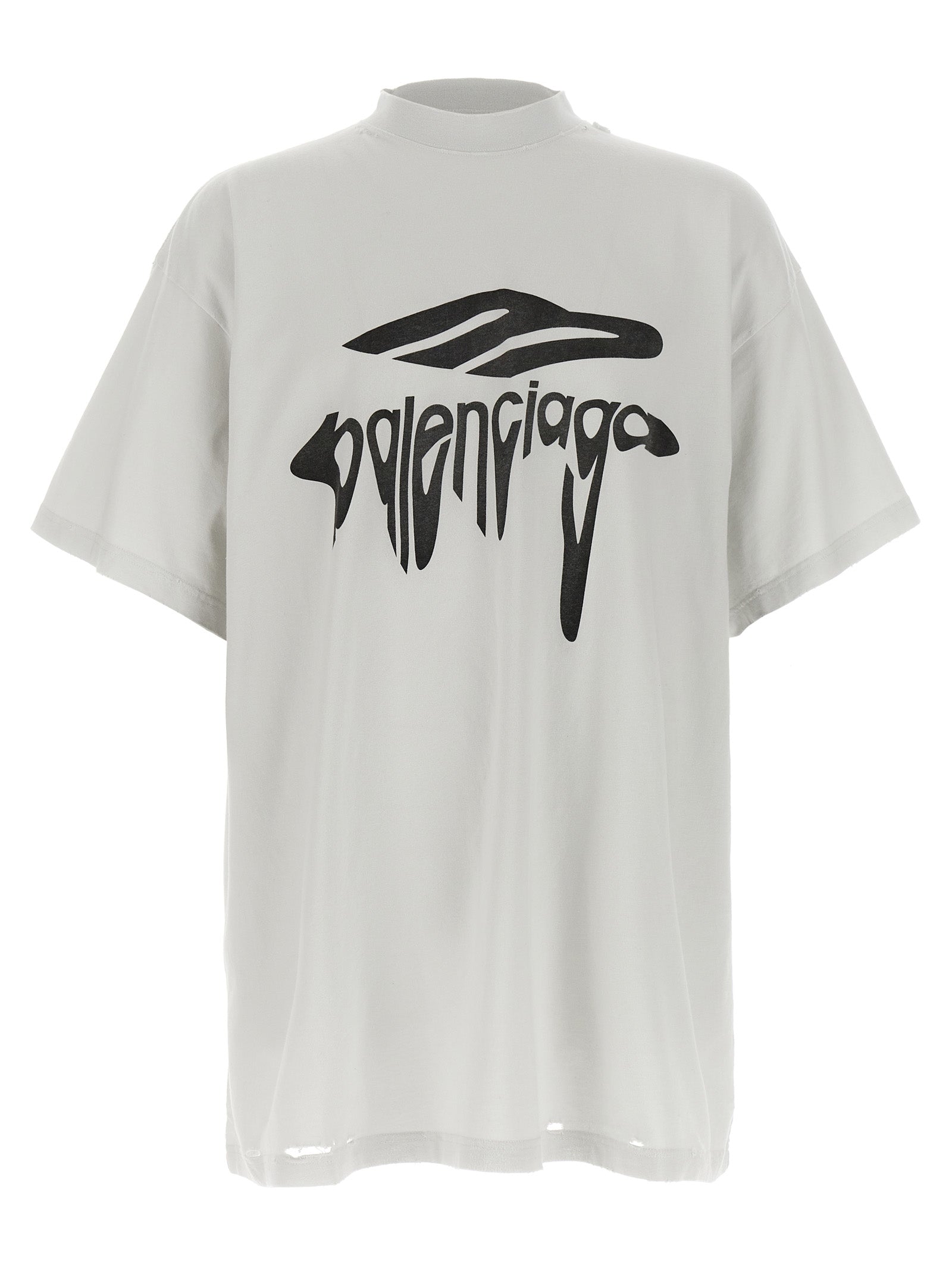 T-shirt blanc en coton de la marque Balenciaga, coupe classique, porté sur mannequin.