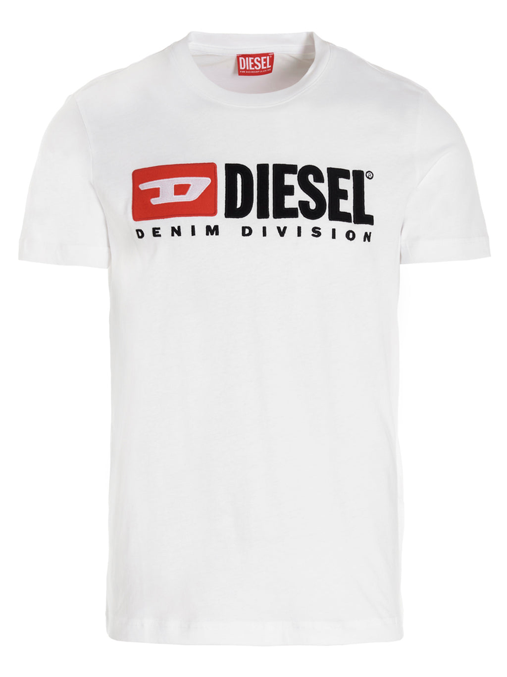 T-shirt blanc en coton de la marque Diesel, coupe classique et logo Diesel visible sur le devant.