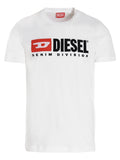 T-shirt blanc en coton de la marque Diesel, coupe classique et logo Diesel visible sur le devant.
