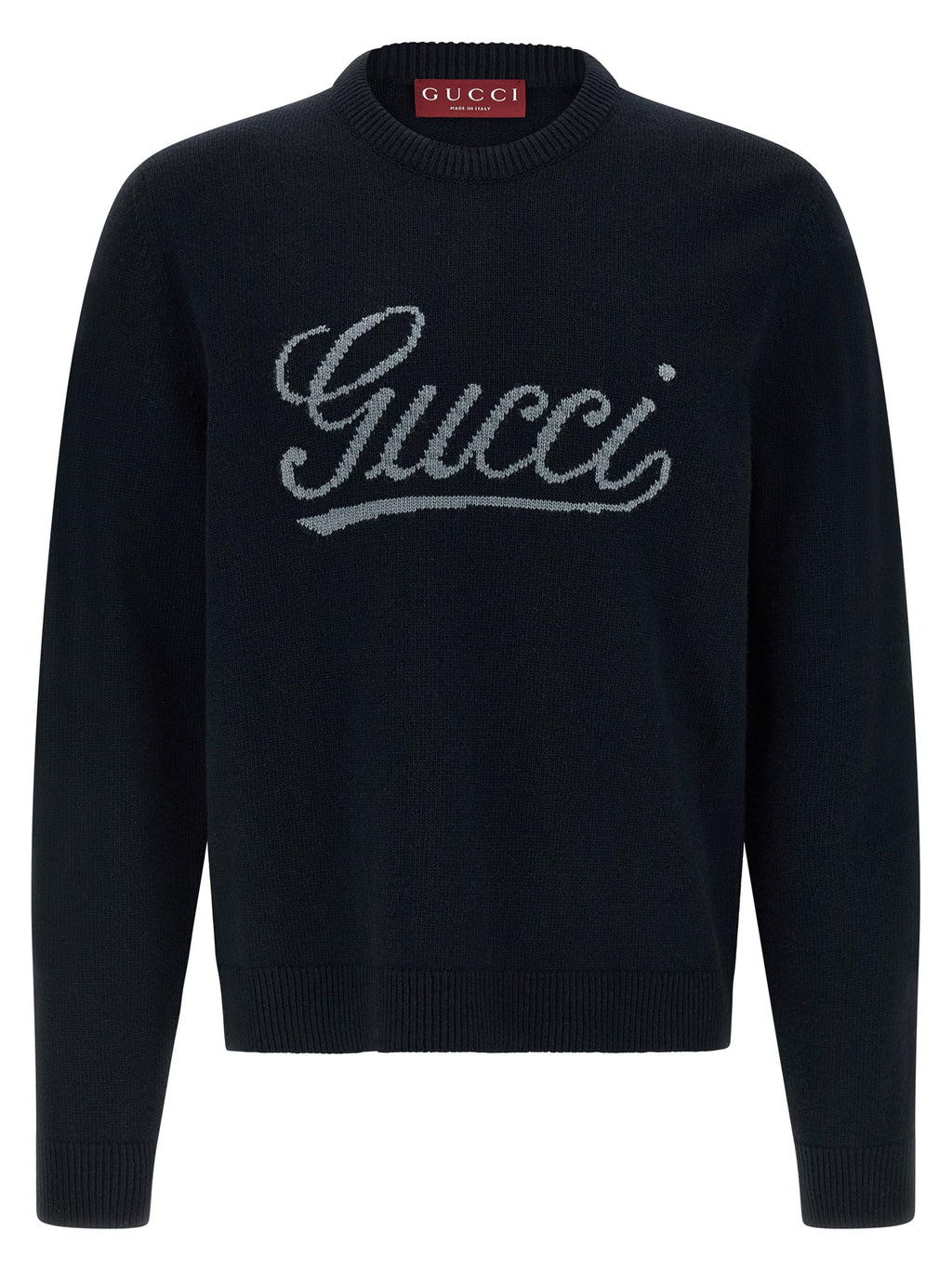 Cardigan en laine bleue Gucci, détail du col et des boutons, porté sur un mannequin.