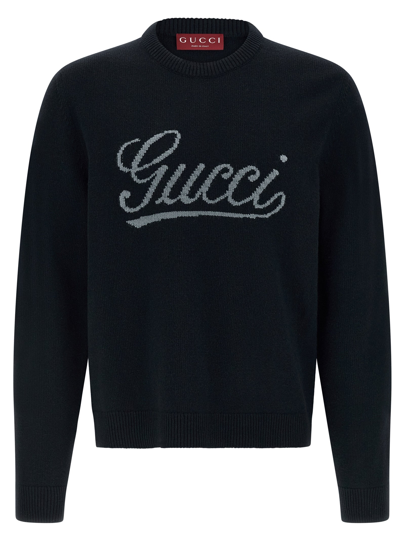 Cardigan en laine bleue Gucci, détail du col et des boutons, porté sur un mannequin.