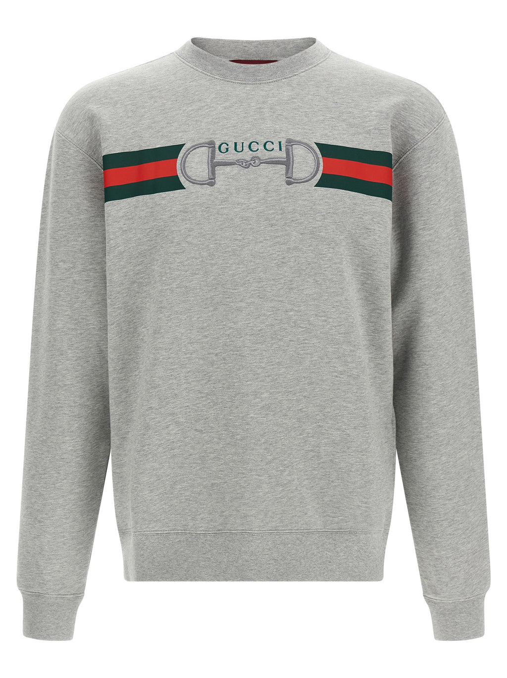 Sweat-shirt gris en coton de la marque Gucci, avec logo discret visible sur le devant, porté dans un style décontracté.